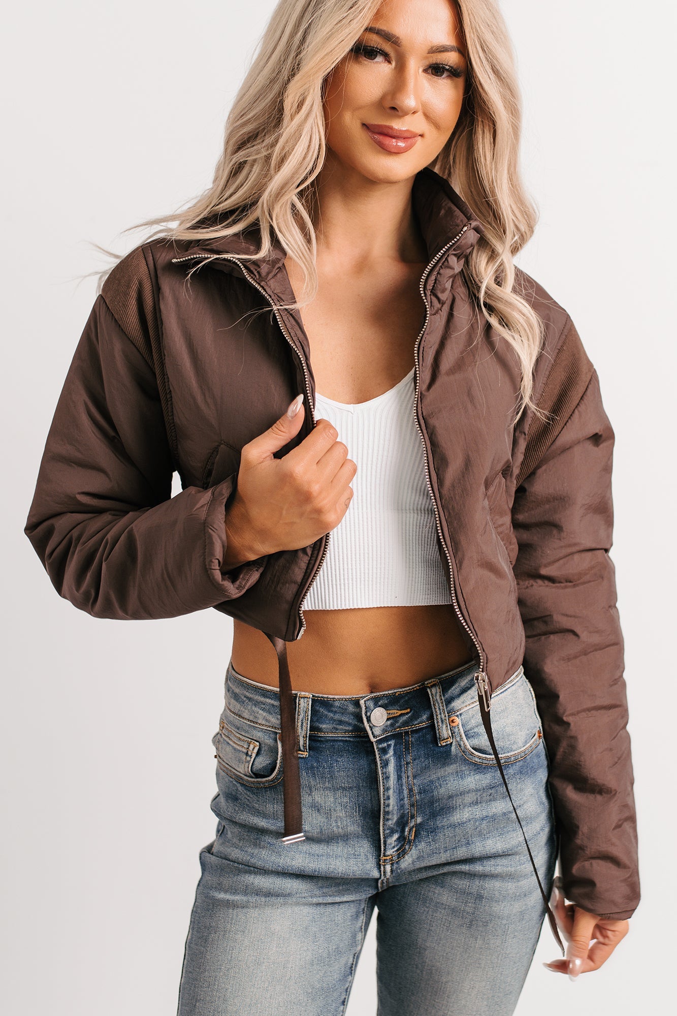 Snow Calls Cropped Bomber Jacket (Espresso)