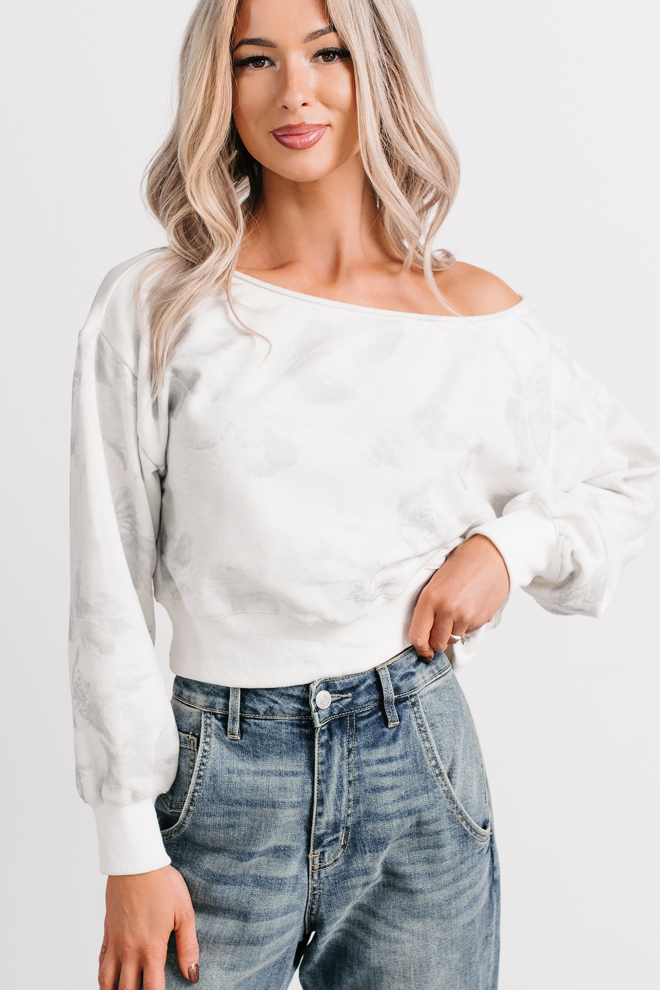 Cozy Nights Abstract Off The Shoulder Sweatshirt (White/Grey)