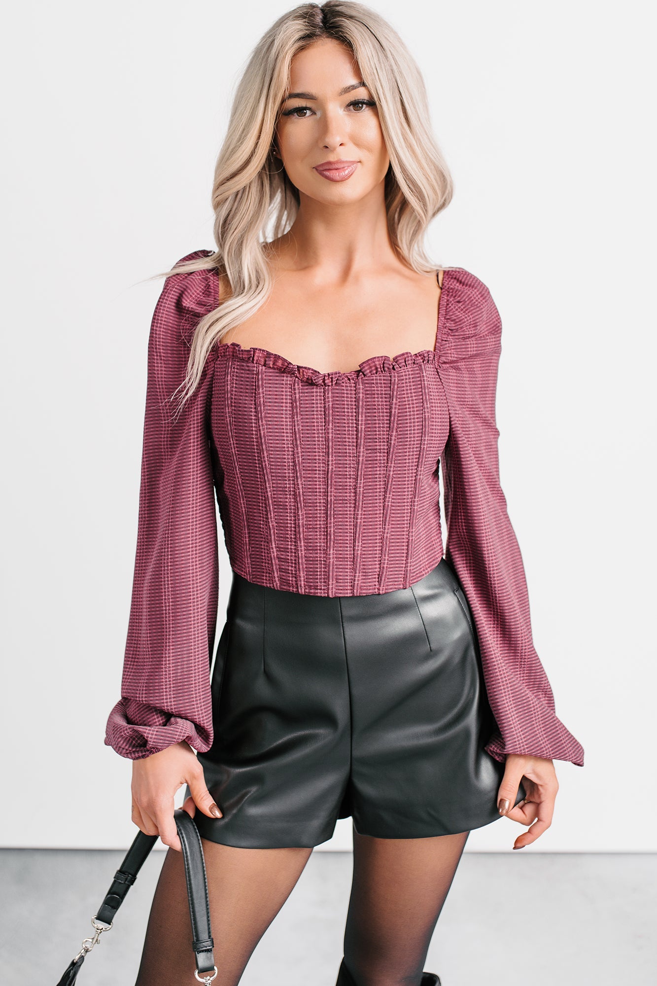 All Of My Love Corset Style Long Sleeve Top (Burgundy)