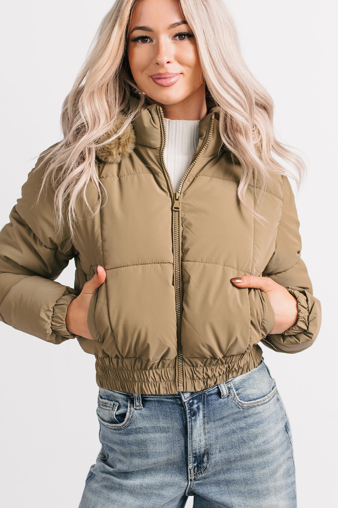 Snowflake Sweetie Faux Fur Hooded Puffer Jacket (Olive)