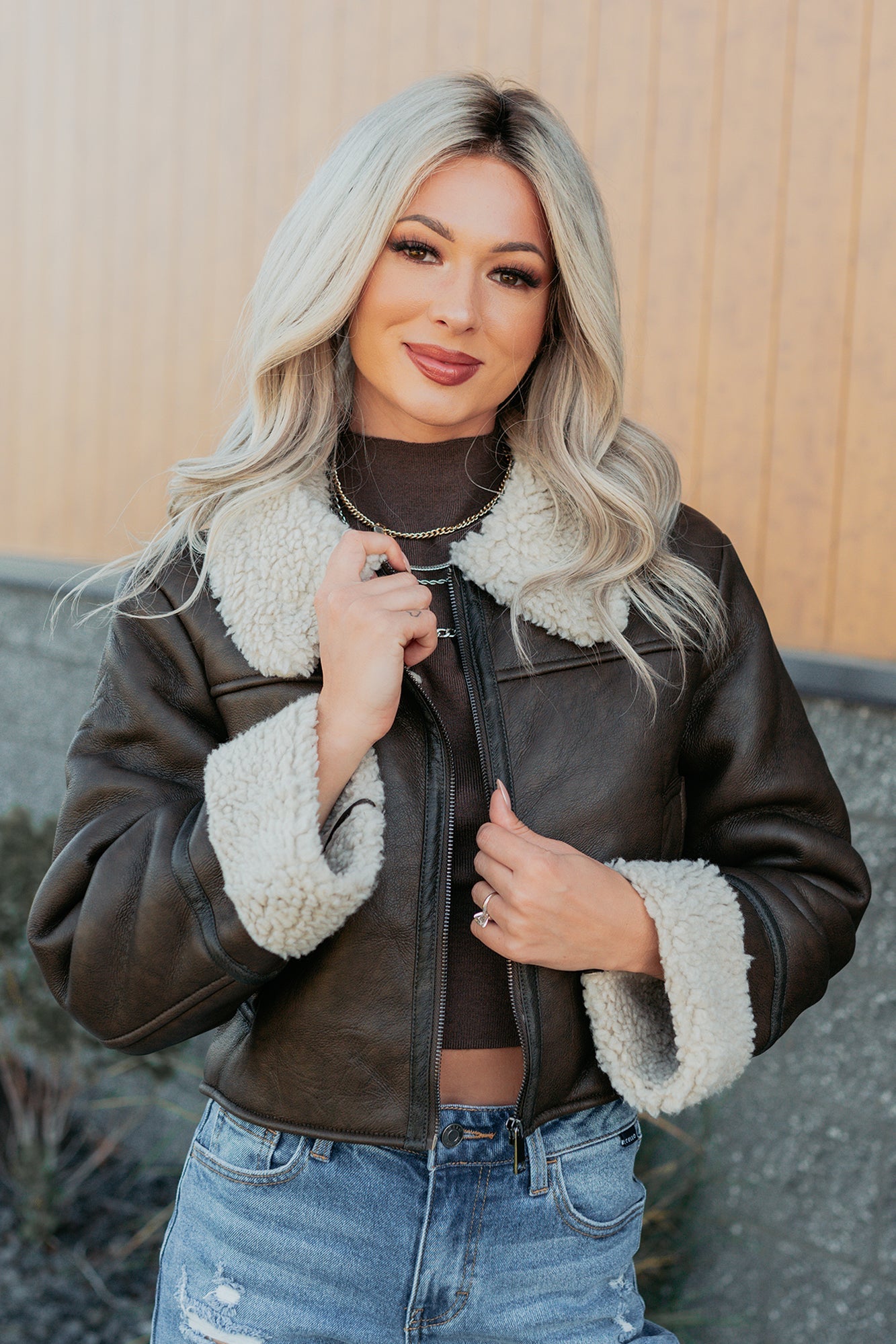 Serves You Right Sherpa Lined Faux Leather Jacket (Brown)