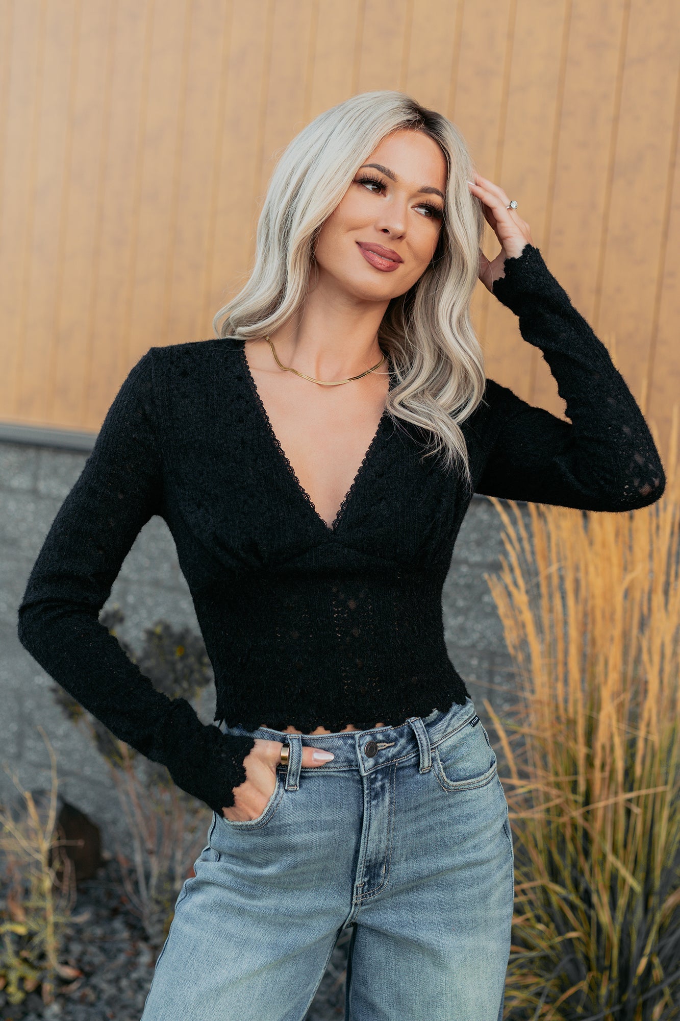 Born Untamed Long Sleeve V Neck Lace Top (Black)