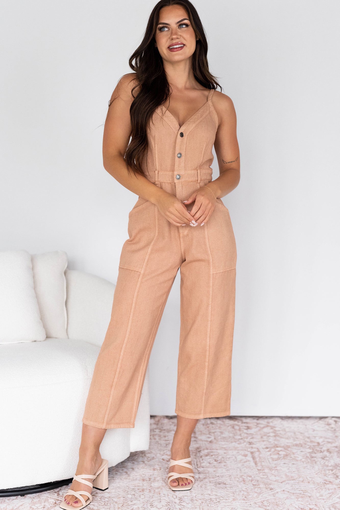 Memories In Focus Button Front Denim Jumpsuit (Terracotta)