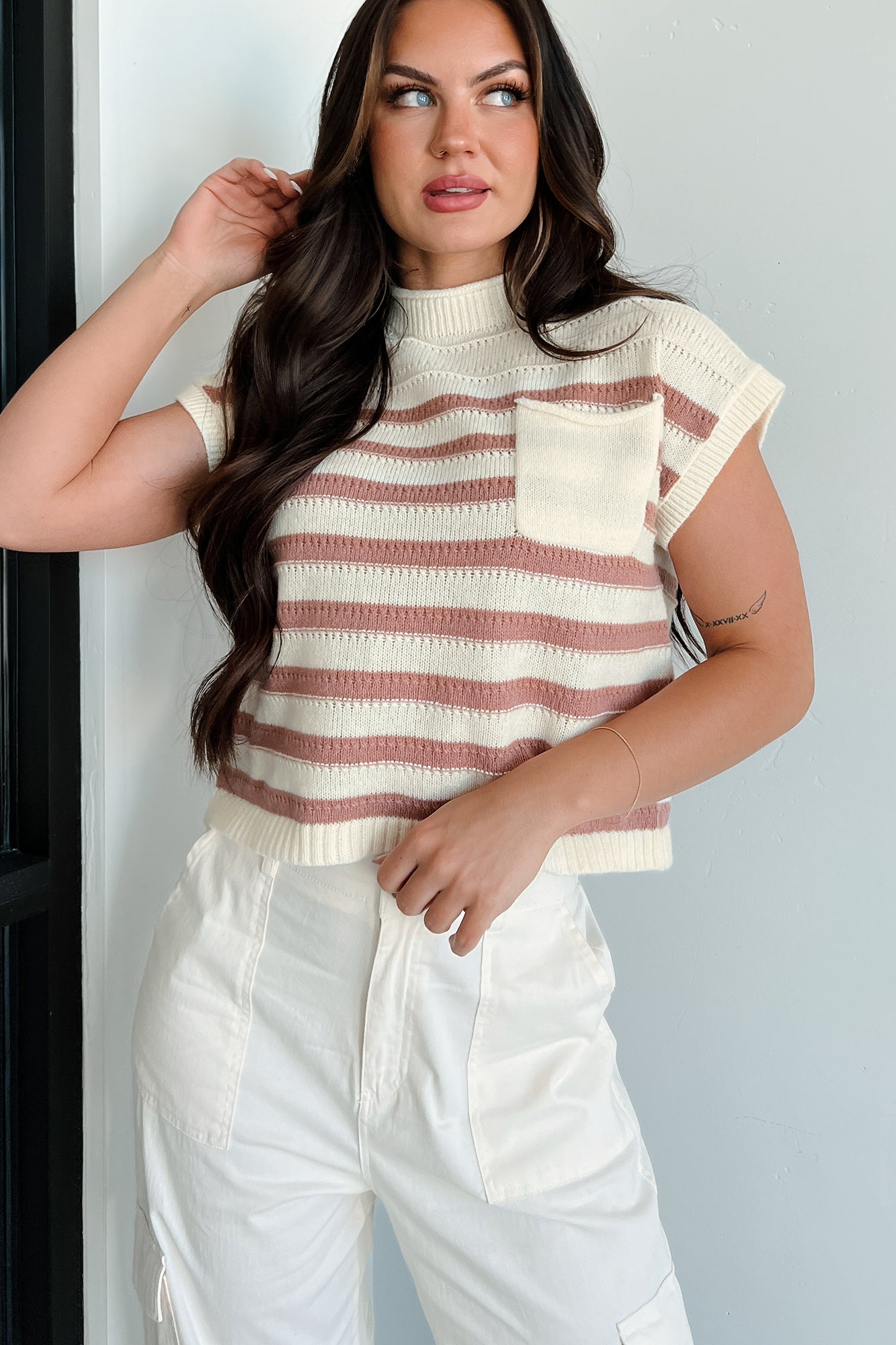 Showing Leadership Striped Sweater Top (Ivory/Mocha)