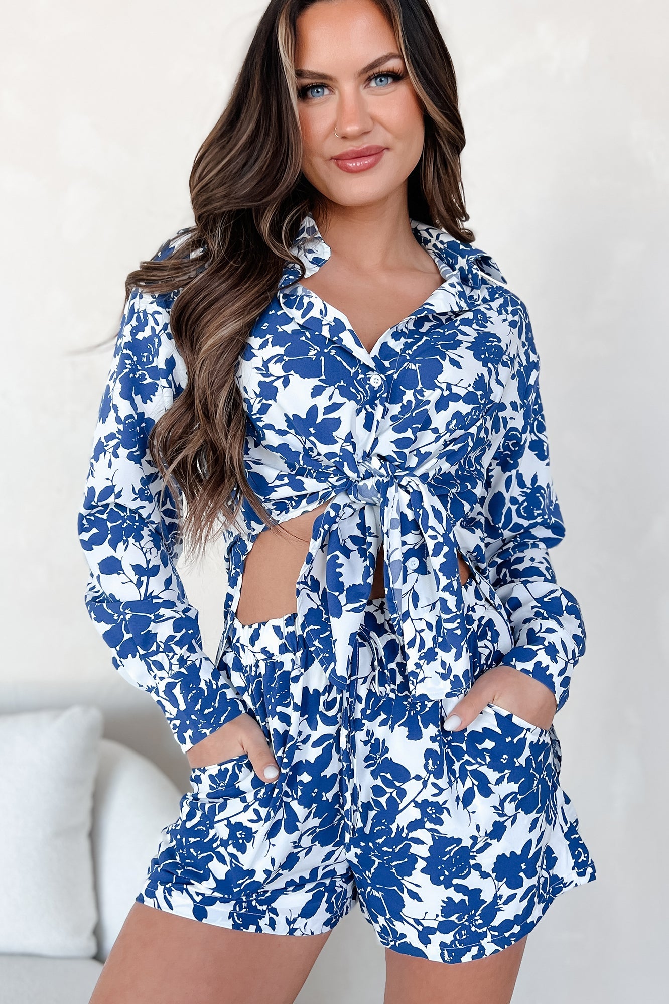 Blooming With Bliss Floral Button-Down Shirt & Shorts Set (Blue)