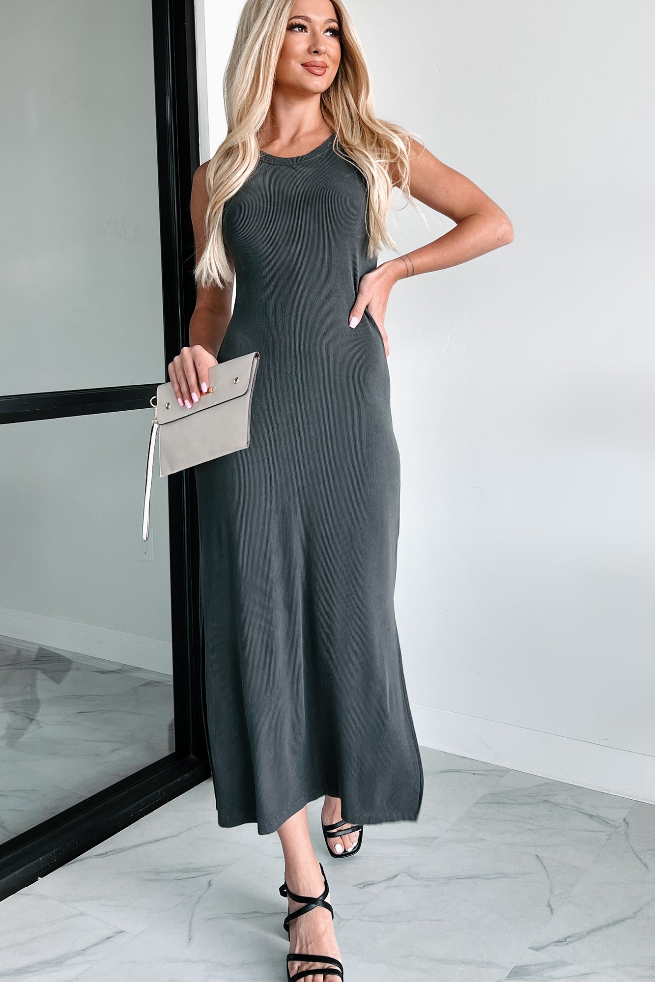 Chances Are Ribbed Tank Midi Dress (Charcoal)