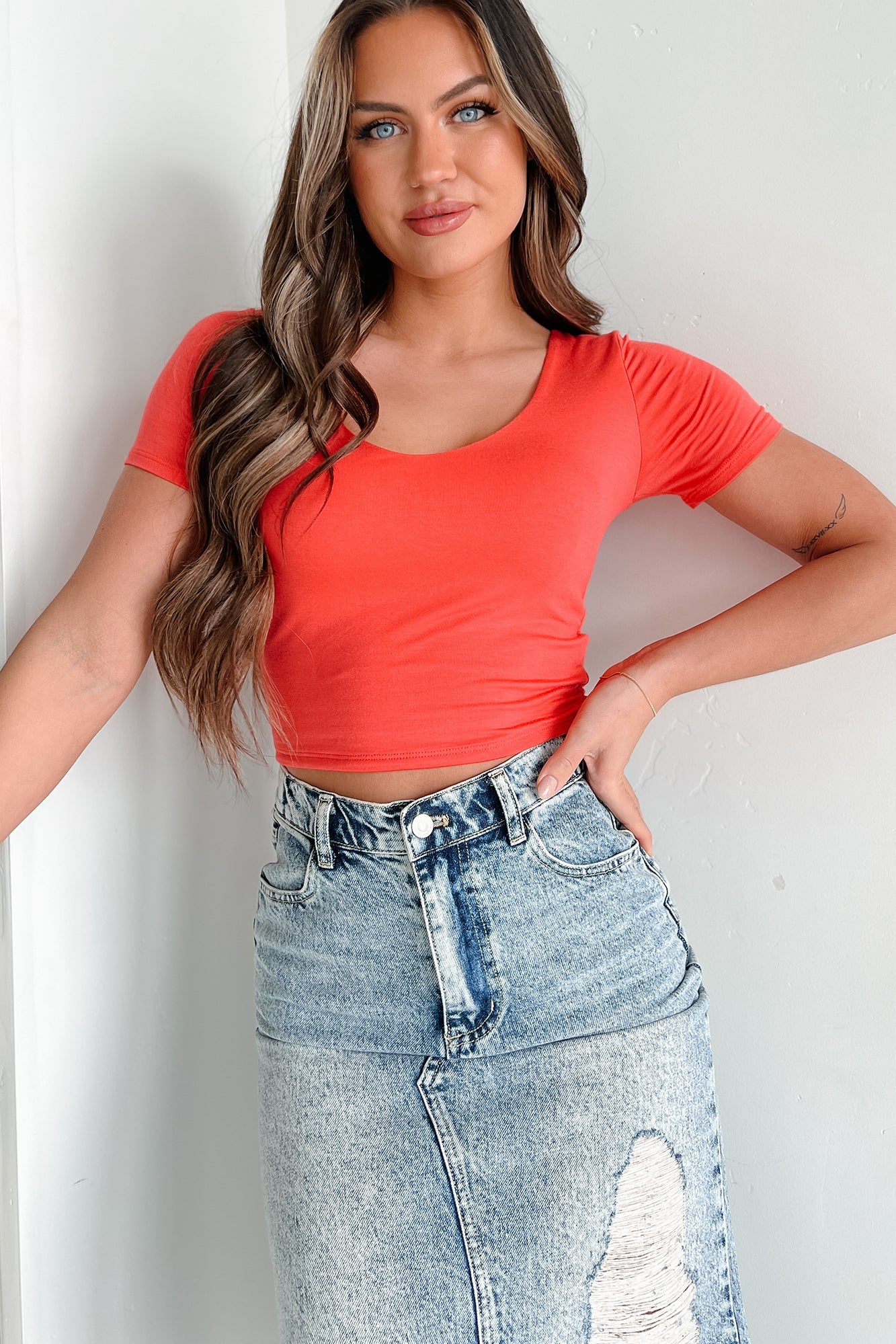 Lifelong Companion Short Sleeve V-Neck Crop Top (Deep Coral)