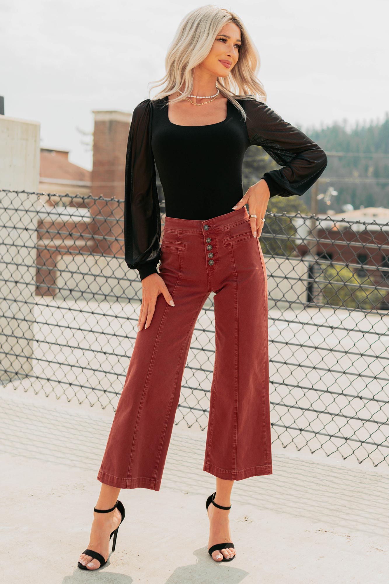 Frances Wide Leg Cropped Mica Denim Jeans (Dark Red)