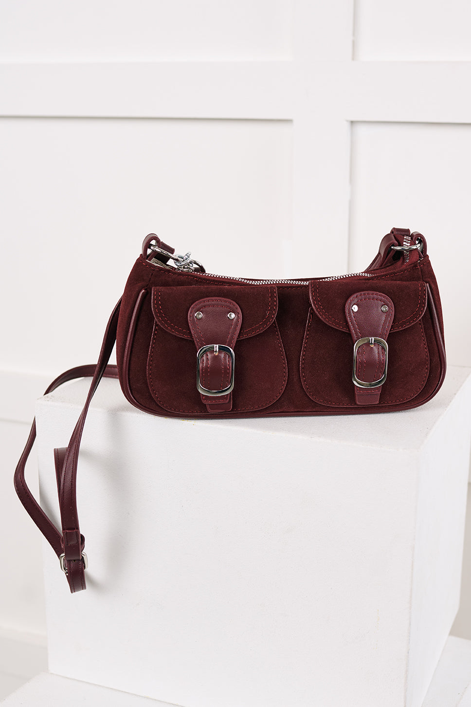 Always On Top Faux Suede Buckle Bag (Burgundy)