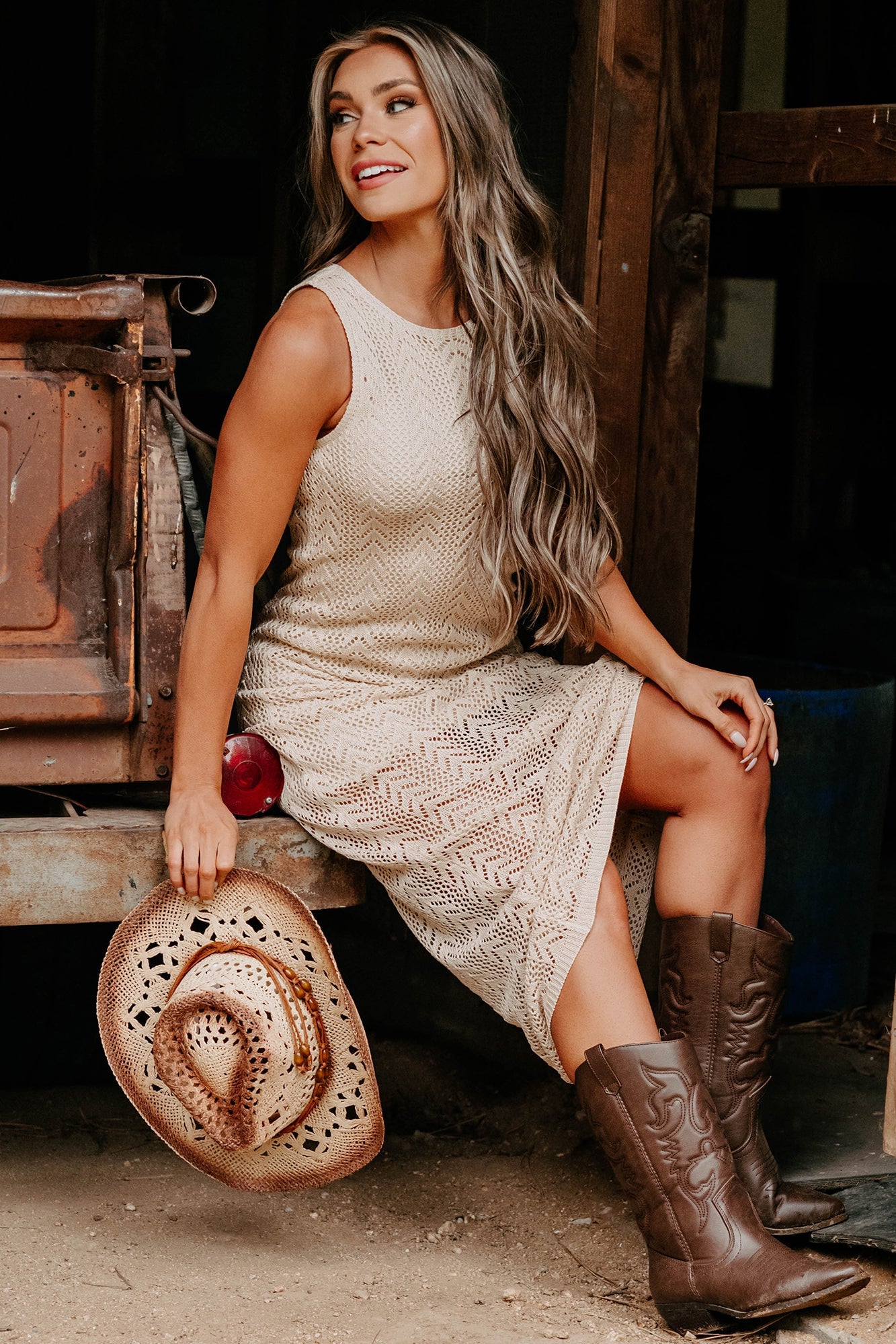 Fresh Tides Sleeveless Crochet Maxi Dress (Natural)