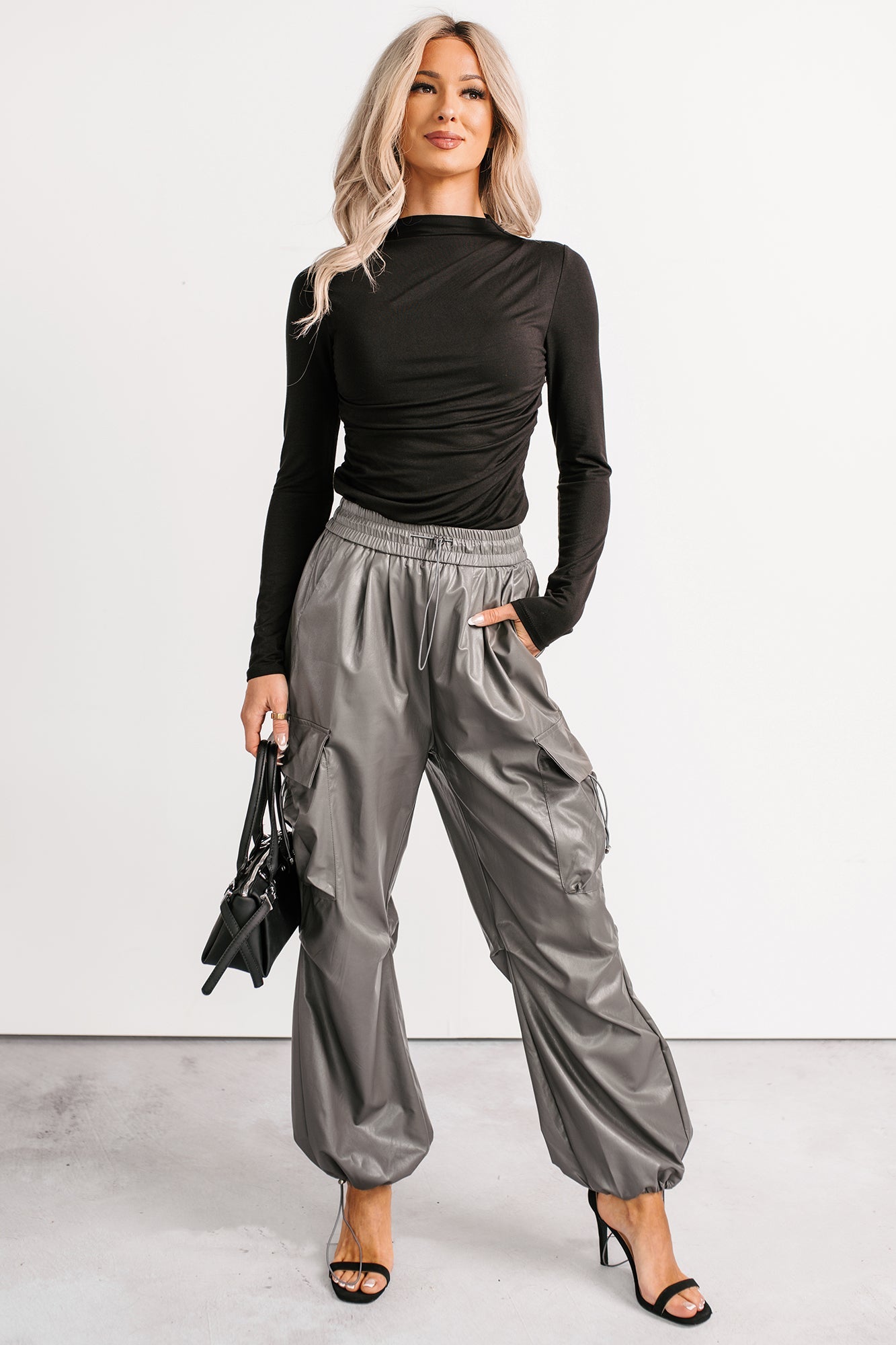 Don't Be Shy Faux Leather Cargo Pants (Grey)