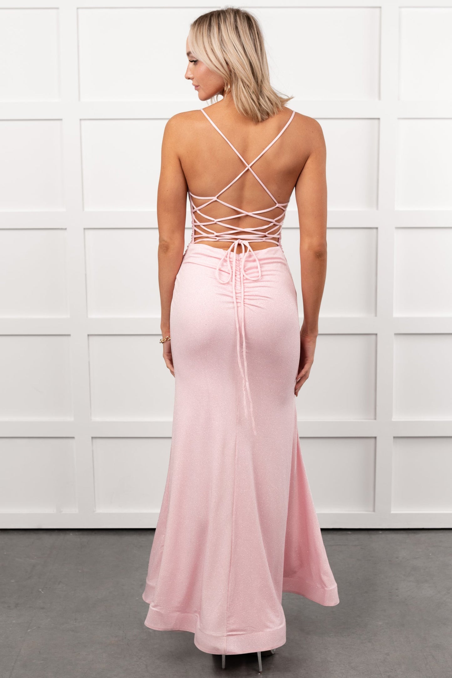 Hollywood Smiles Glittered Lace-Up Maxi Dress (Pink/Pink)