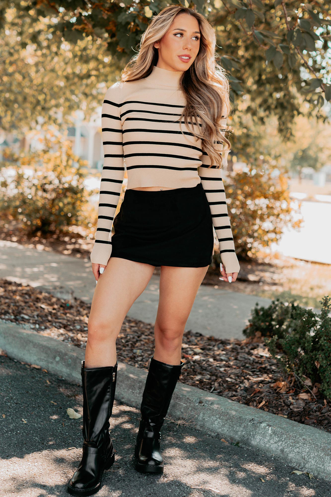 Blissful Rest Striped Mock Neck Sweater Top (Taupe/Black)