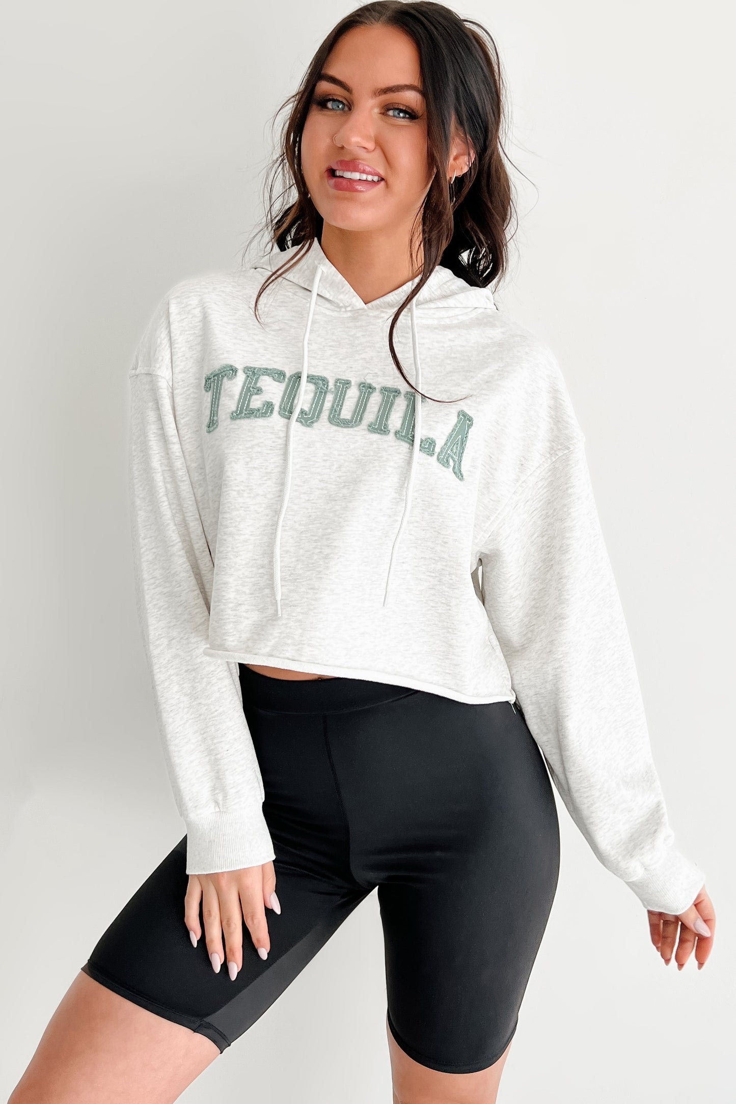 "Tequila" Embroidered Crop Hoodie (Heather Grey)