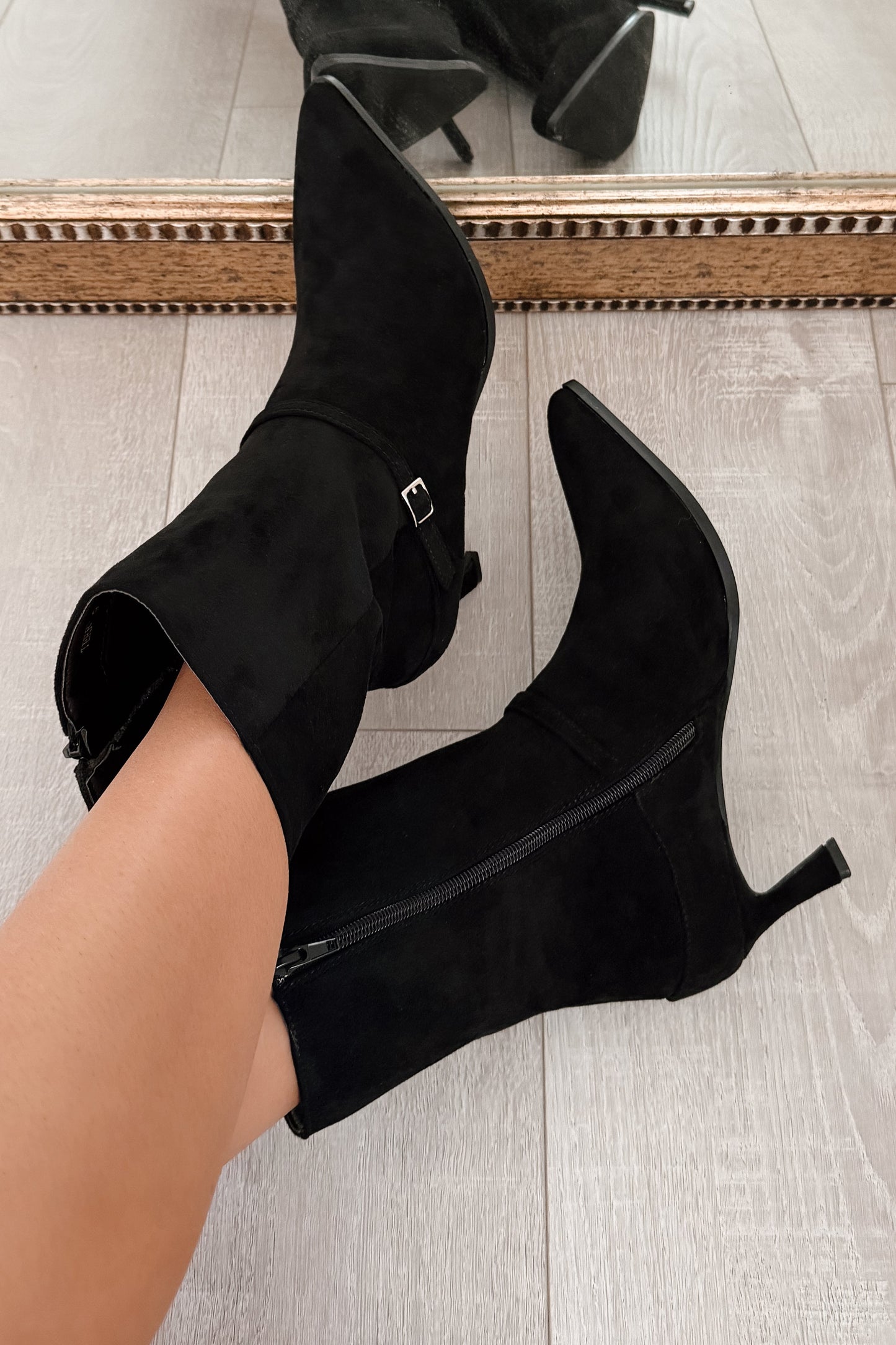 Forever Rising Faux Suede Stiletto Booties (Black)