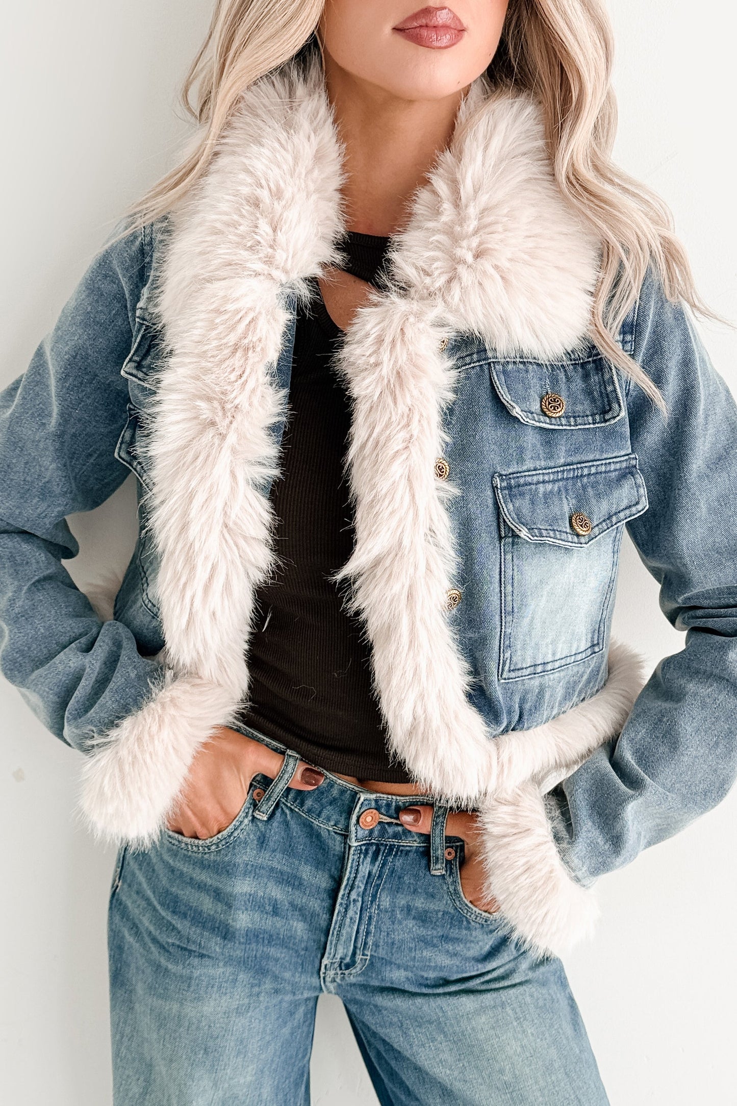 Rush Factor Faux Fur Trim Denim Crop Jacket (Denim Blue)