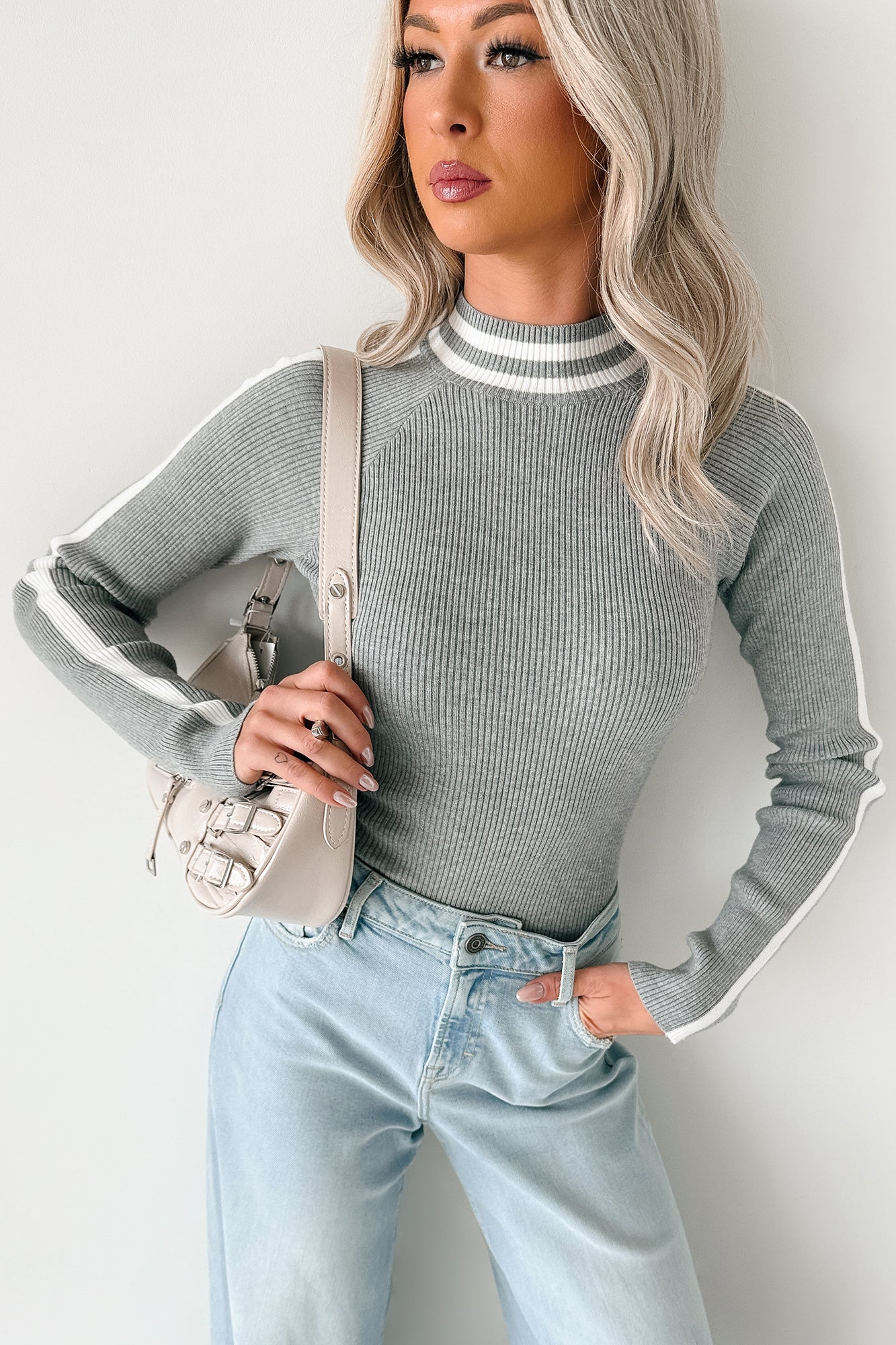 It Just Clicks Striped Mock Neck Bodysuit (H.Grey/White)