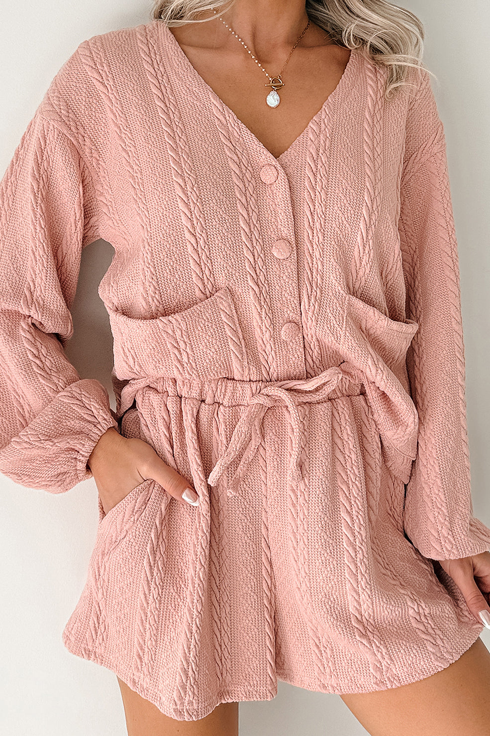 Sweet & Steady Cable Knit Cardigan Set (Dusty Pink)