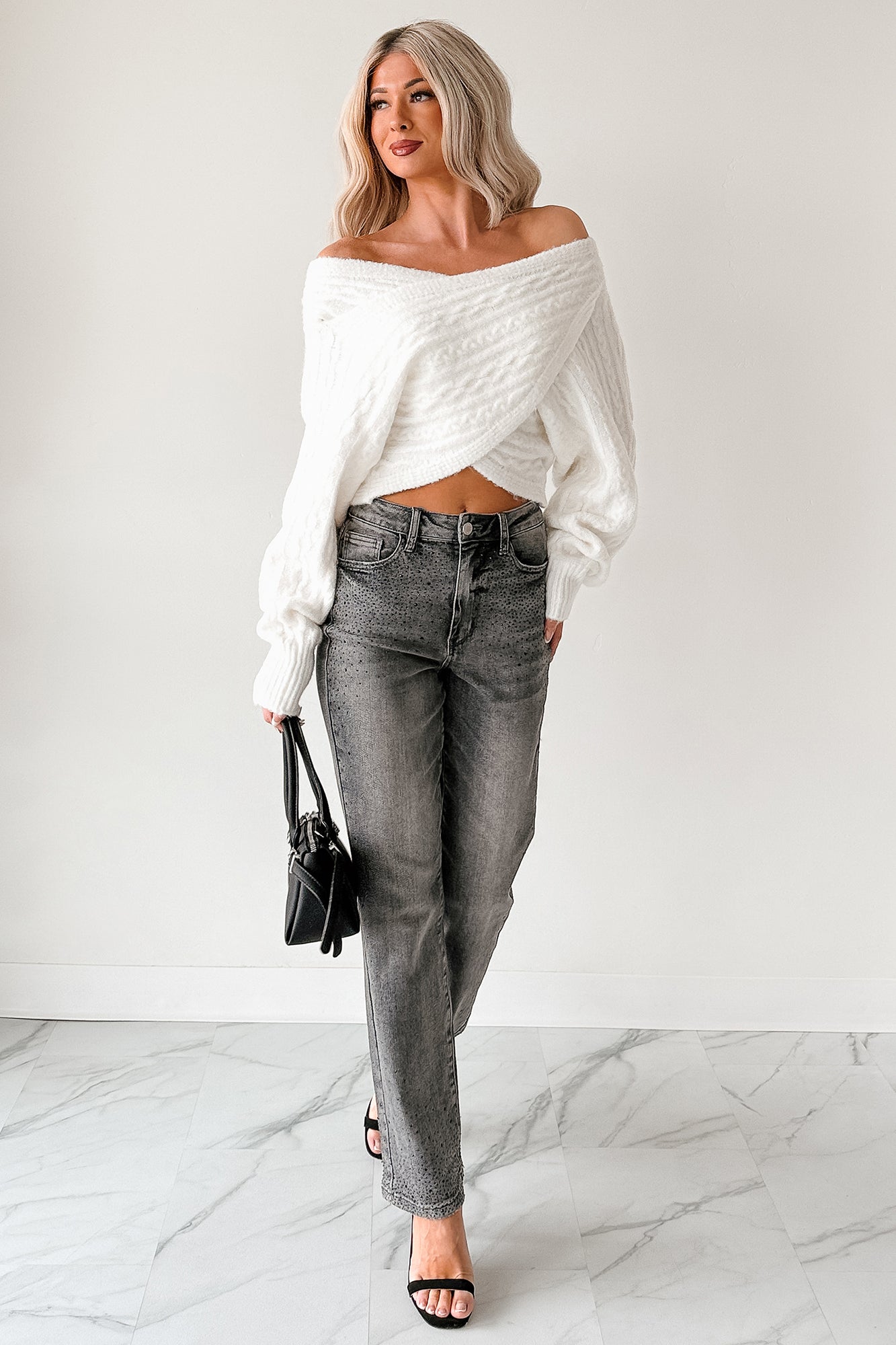 Kourtney Judy Blue Rhinestone Detail Straight Leg Jeans (Grey)