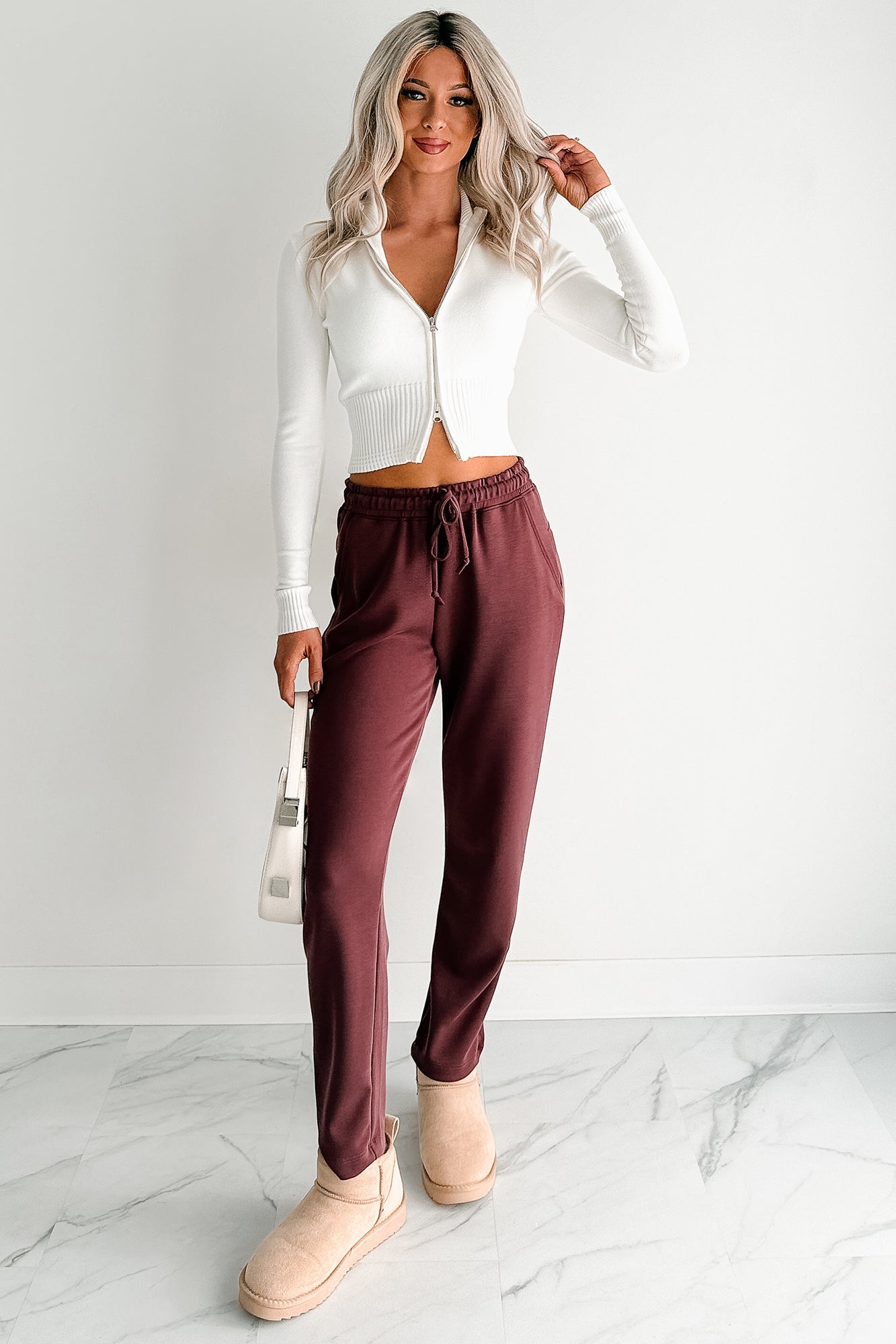 Chasing Goals Soft Front Tie Cropped Jogger Pants (Maroon)