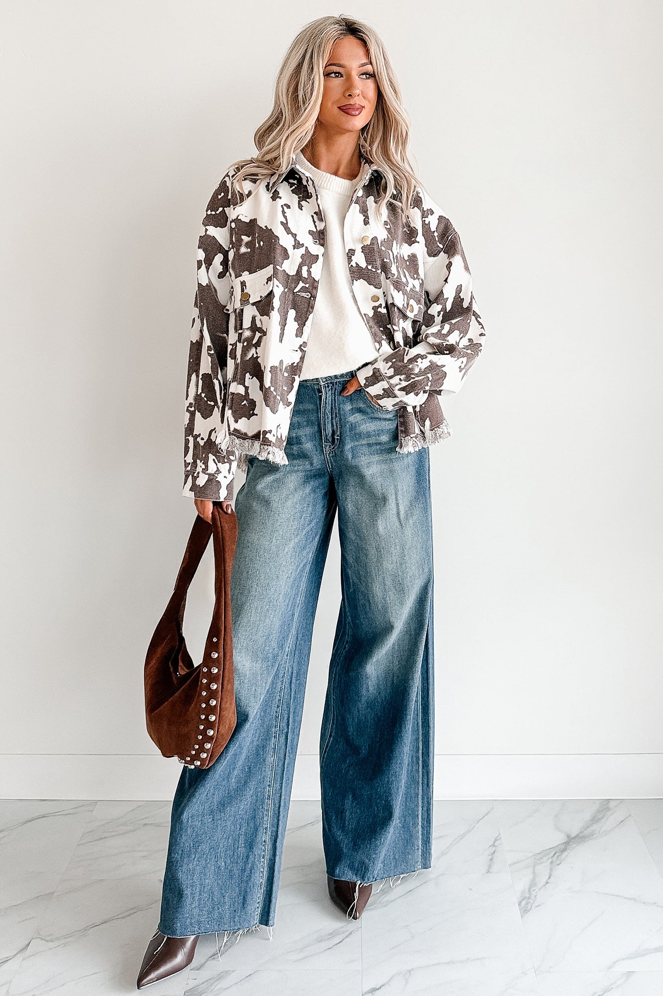 Cowgirl Spirit Oversized Raw Hem Shacket (Taupe Cow)