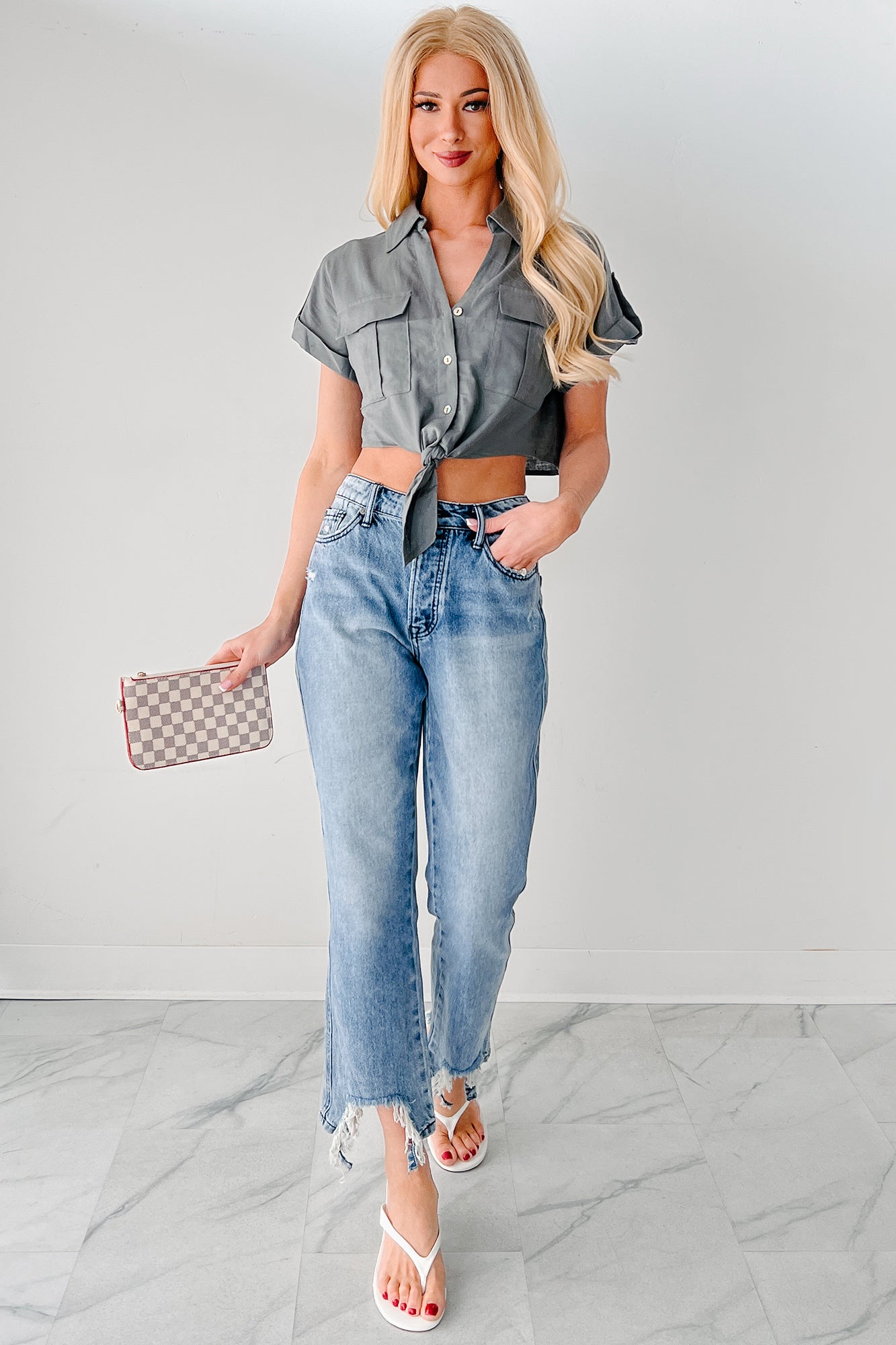 City Love Short Sleeve Button-Up Crop Top (Charcoal)
