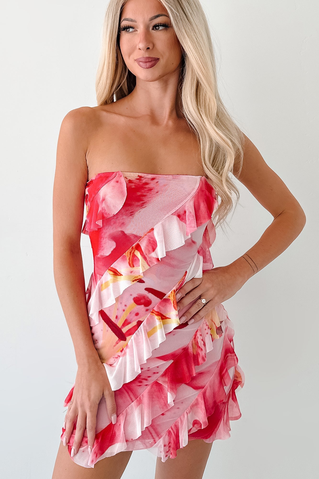 Laugh It Up Strapless Ruffle Mini Dress (Fuchsia)