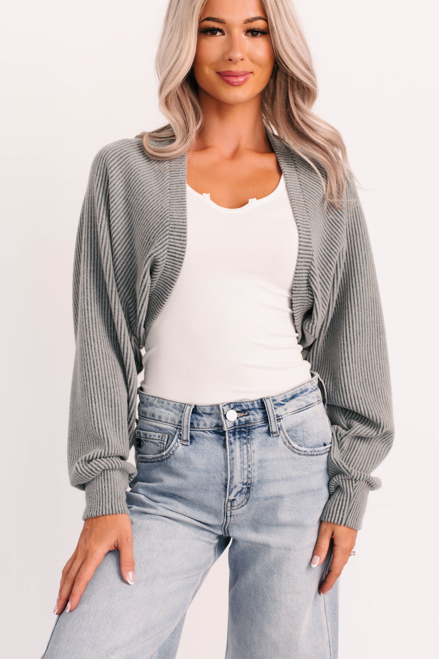 Lounge Cloud Ribbed Long Sleeve Shrug (Green Moss)