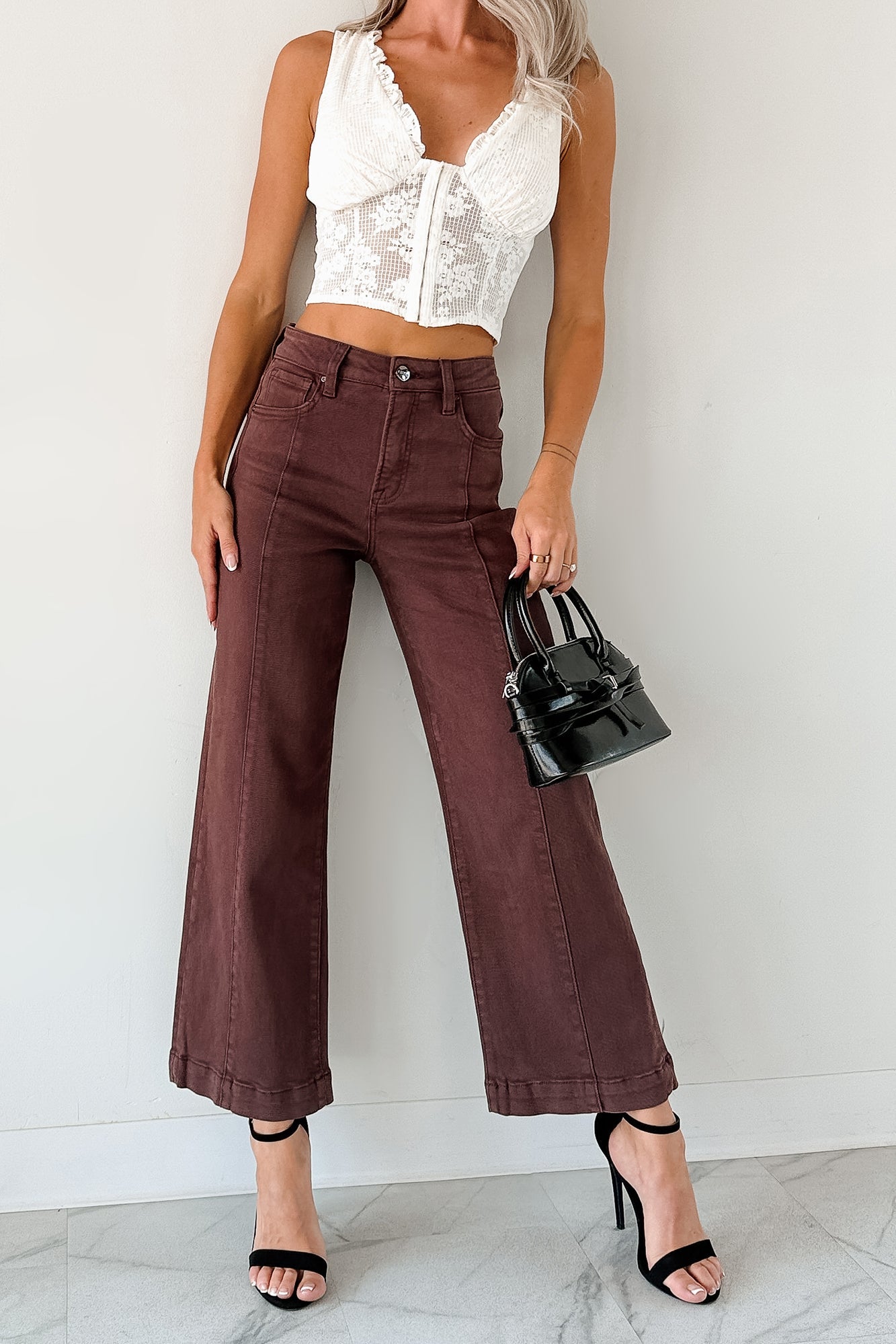 Maizie Tummy Control Wide Leg Cropped Risen Jeans (Choco Brown)