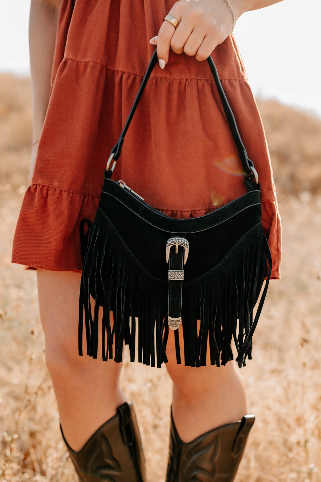 Wildflower Whiskey Faux Suede Fringe Bag (Black)