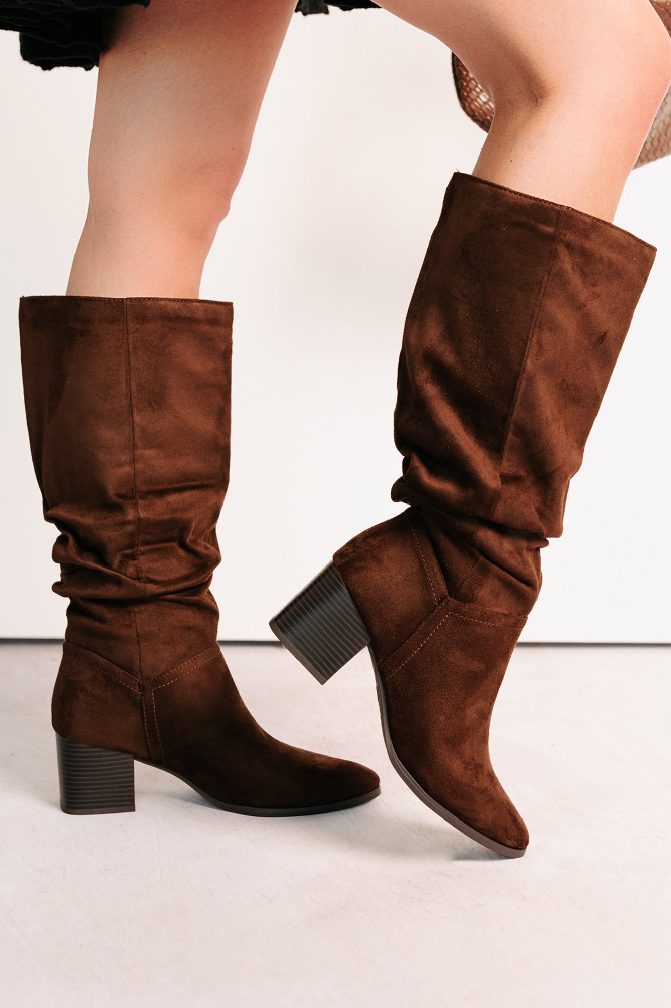 Bare & Bold Chunky Heel Faux Suede Boots (Tobacco)