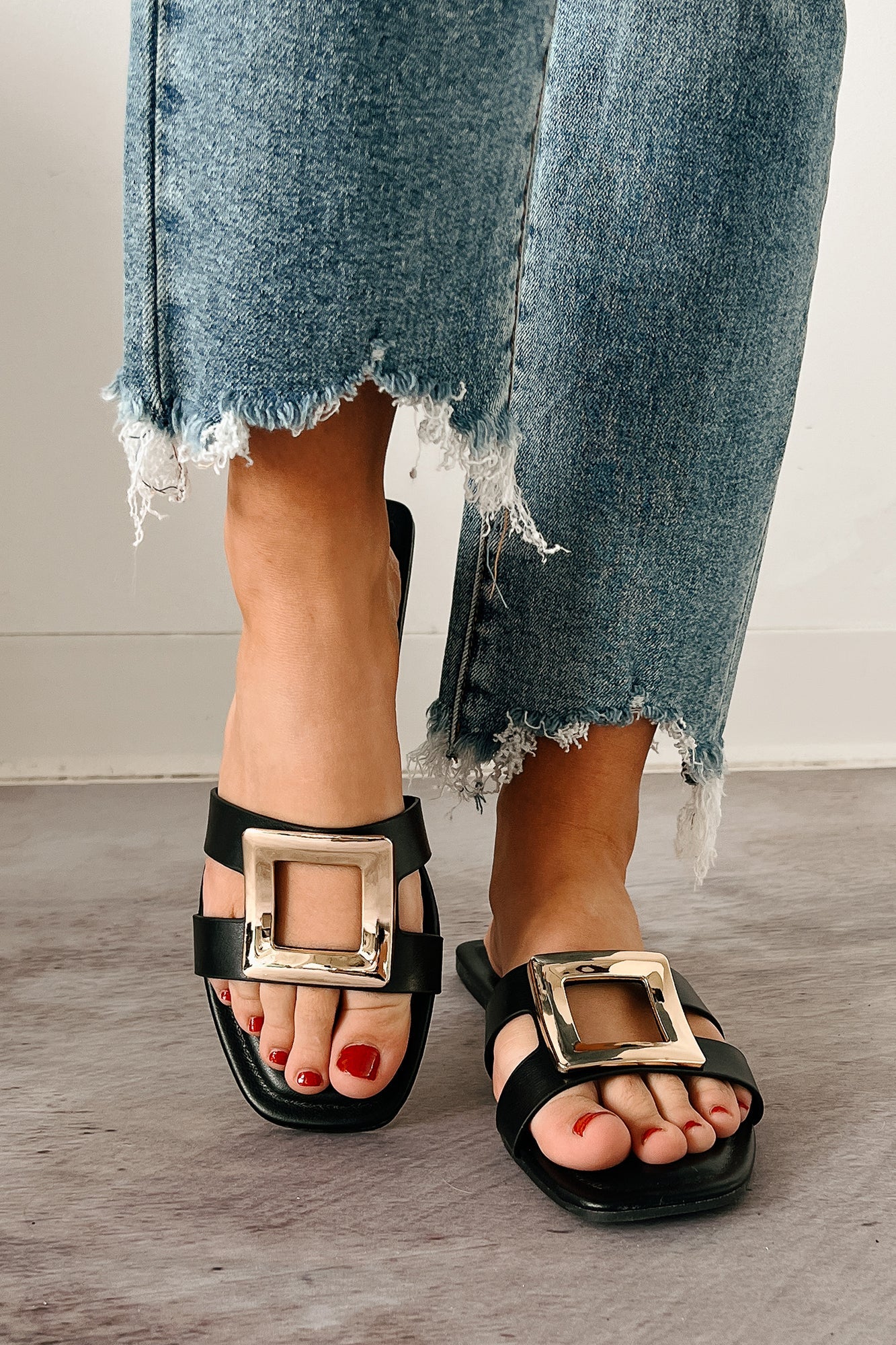 Talk Flirty Square Toe Gold Buckle Sandals (Black)