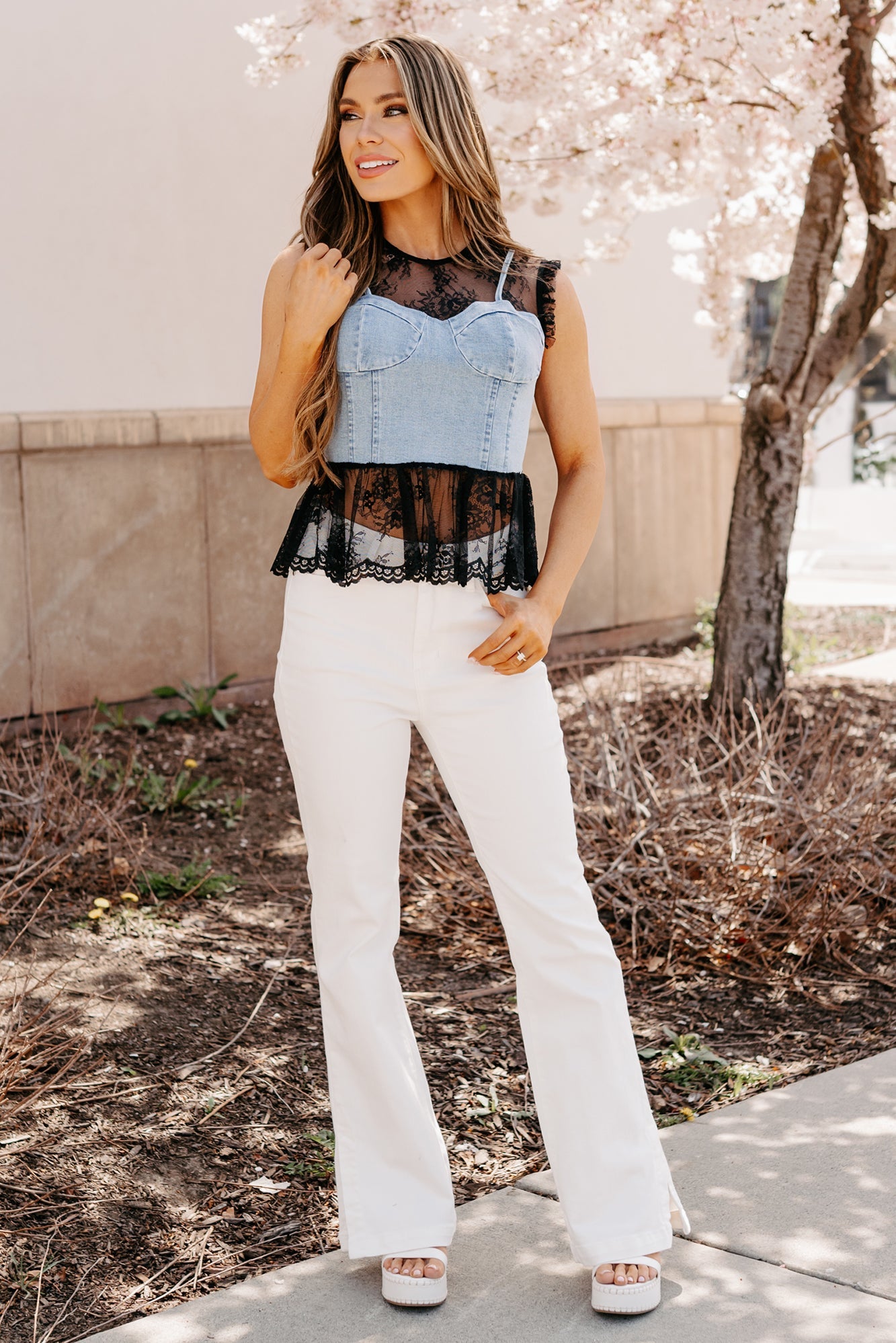 Bold & Flirty Corset Overlay Lace Top (Denim/Black)