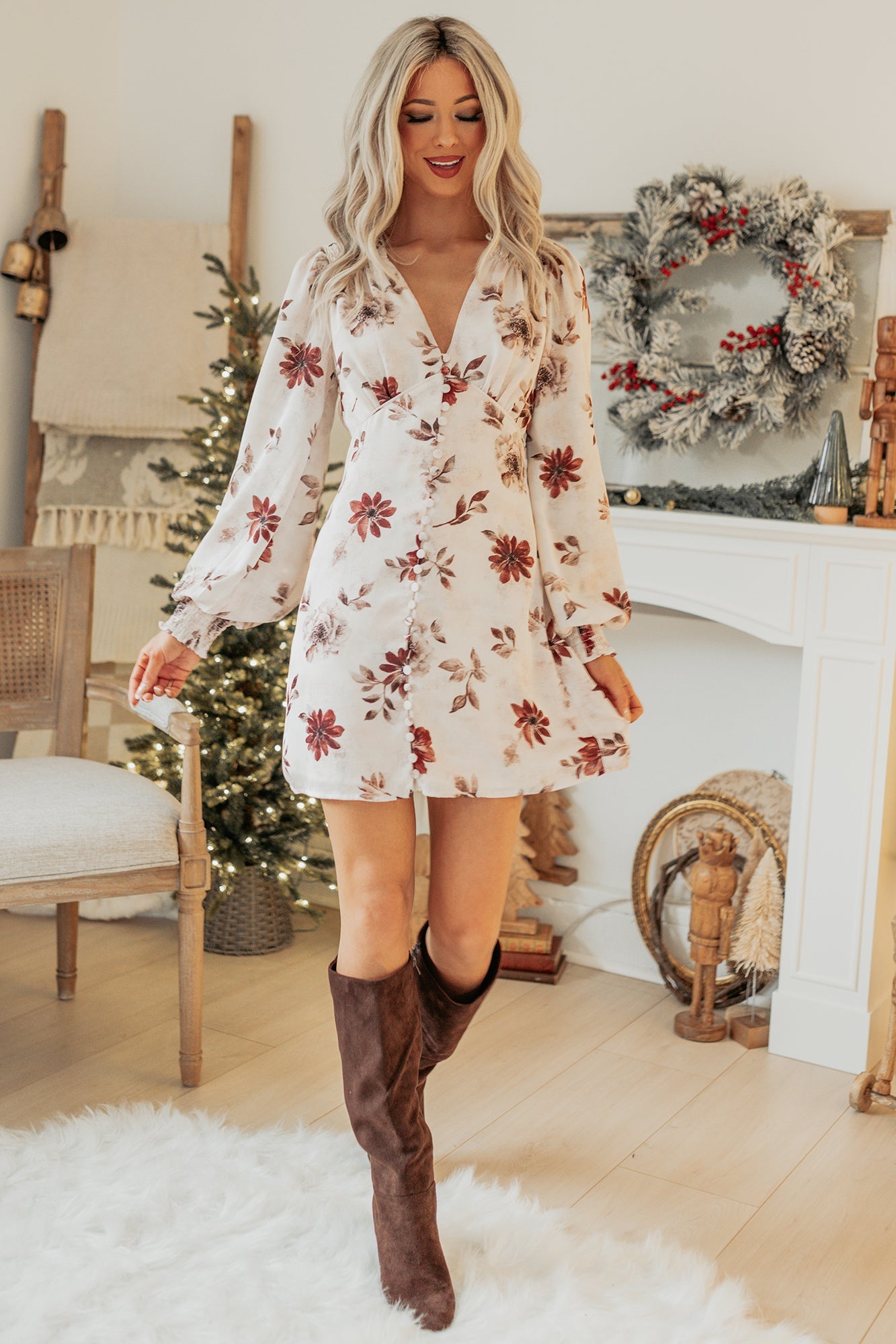 Flirty Thing Long Sleeve Floral Mini Dress (Light Blush)