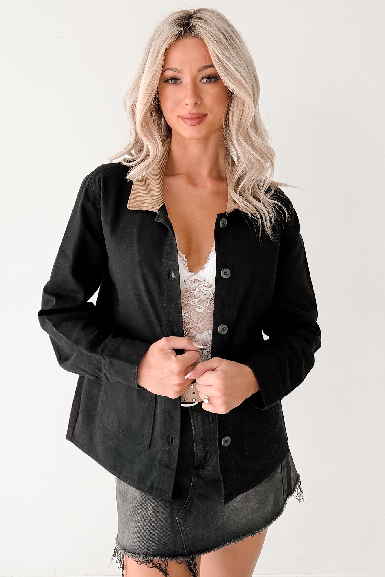 Into The Unknown Denim Contrast Corduroy Collar Jacket (Black)