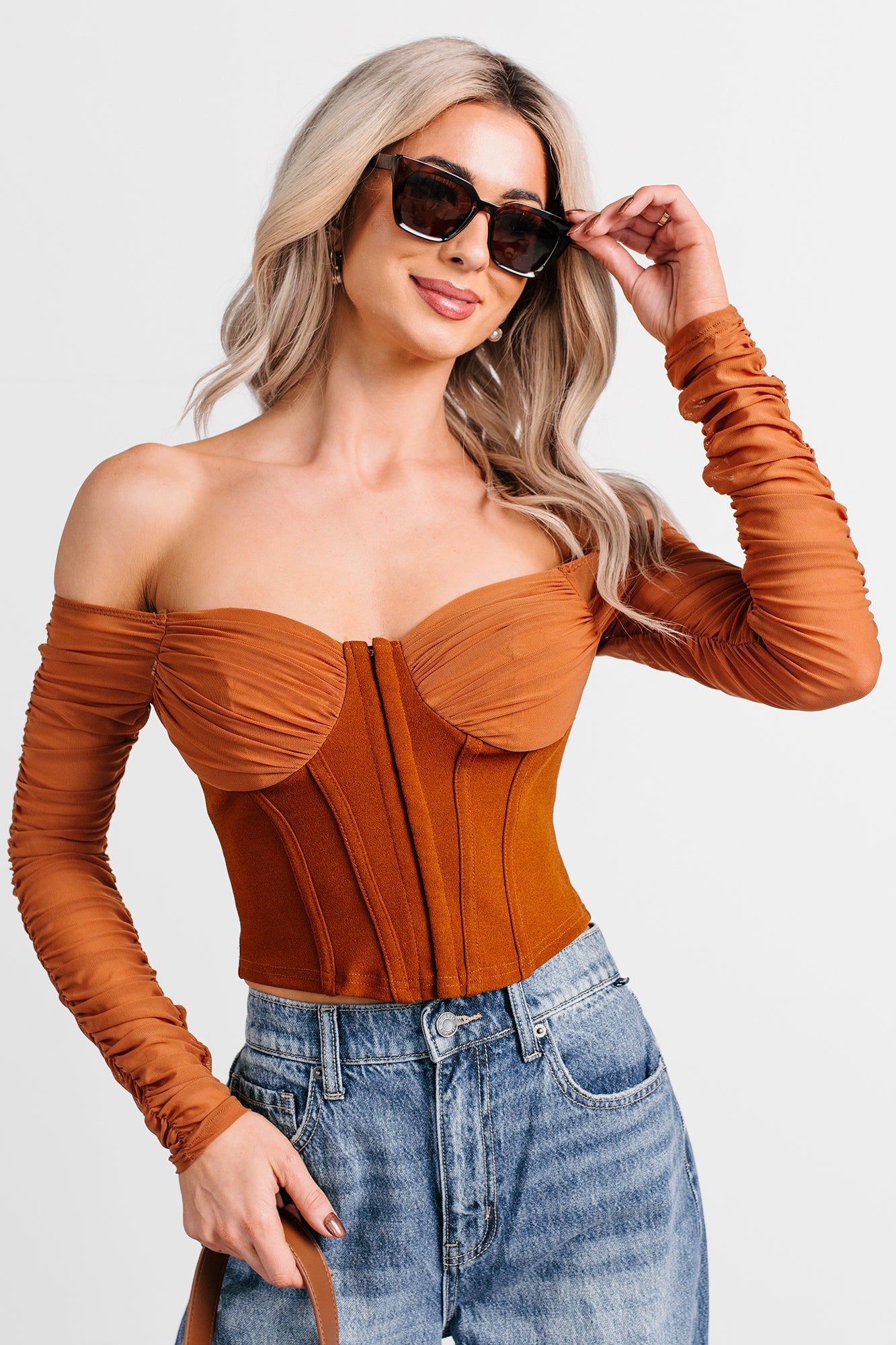 Her Reign Mesh Off The Shoulder Crop Top (Cappuccino)