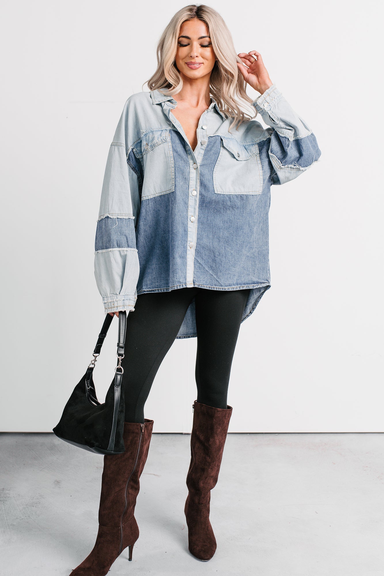 Laugh Lines Raw Seam Denim Shacket (Denim Multi)
