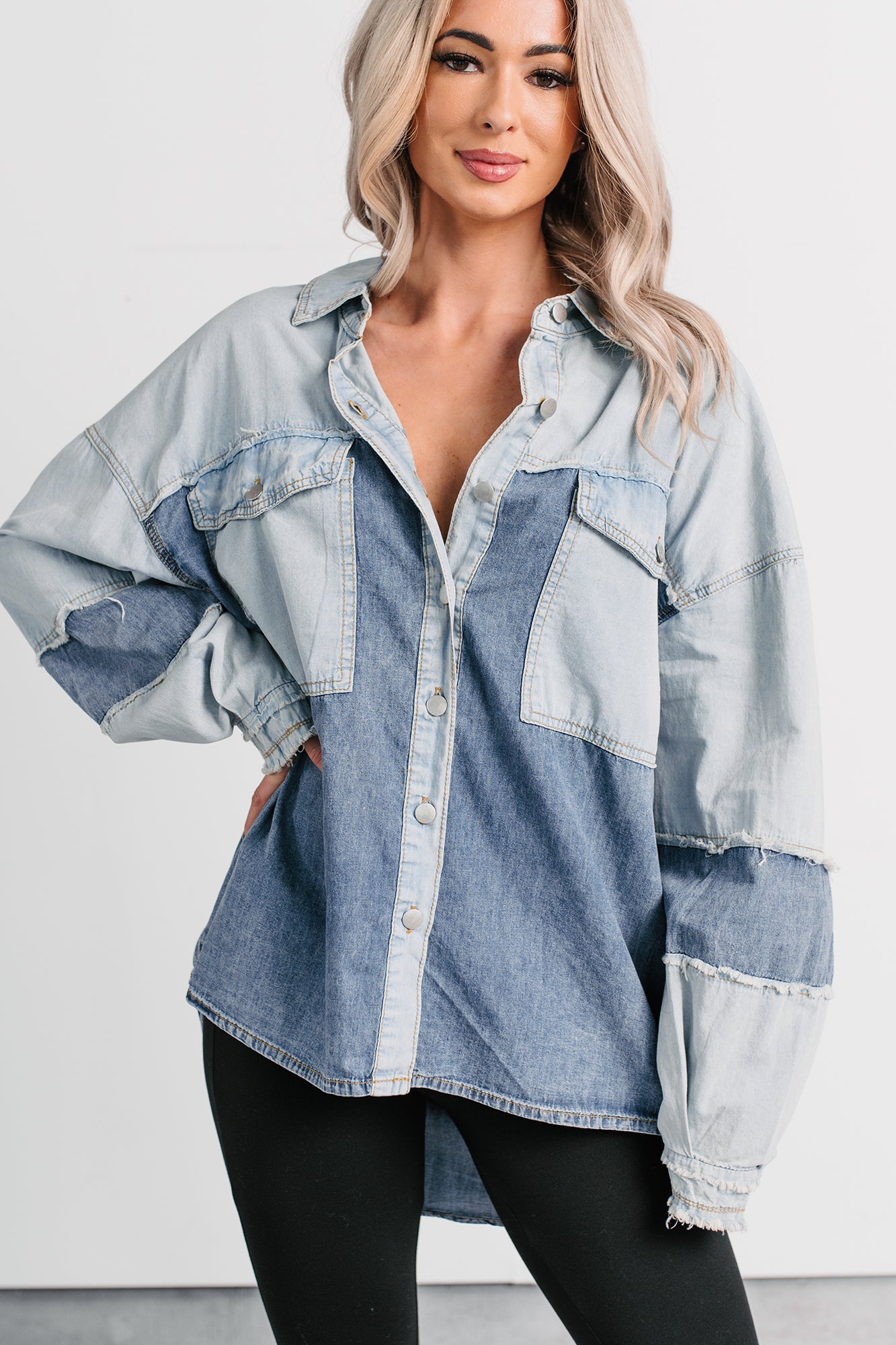 Laugh Lines Raw Seam Denim Shacket (Denim Multi)
