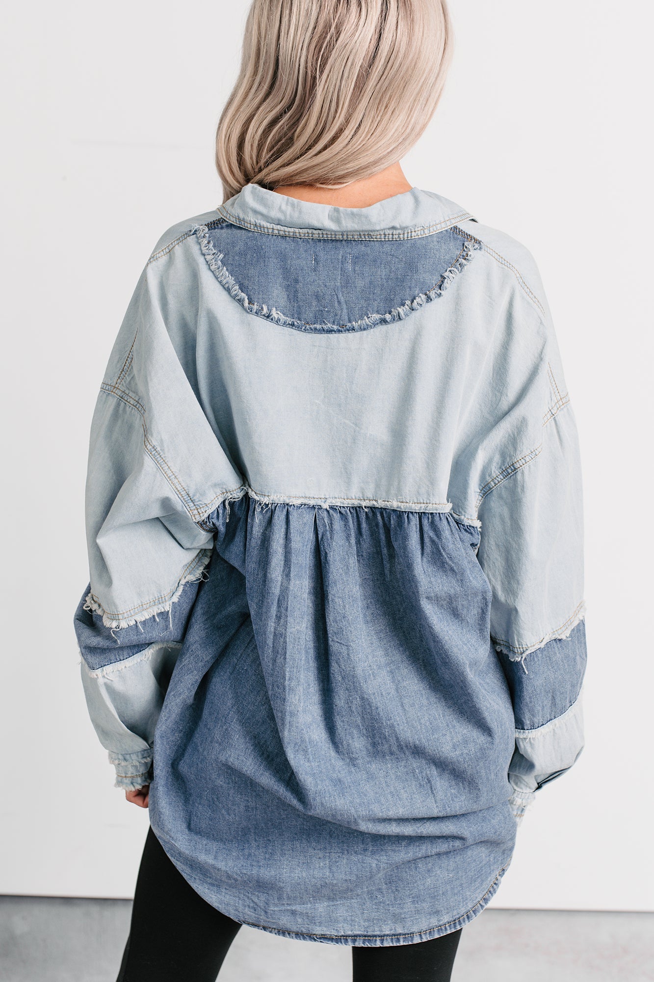 Laugh Lines Raw Seam Denim Shacket (Denim Multi)