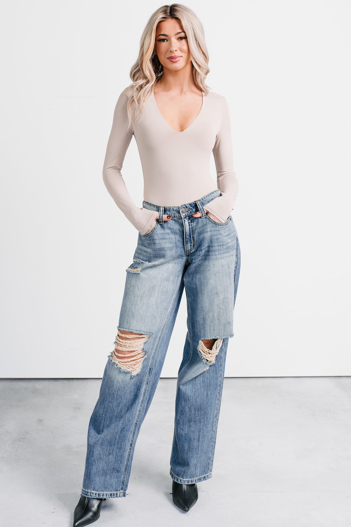 Daily Ease Long Sleeve V Neck Bodysuit (Light Taupe)