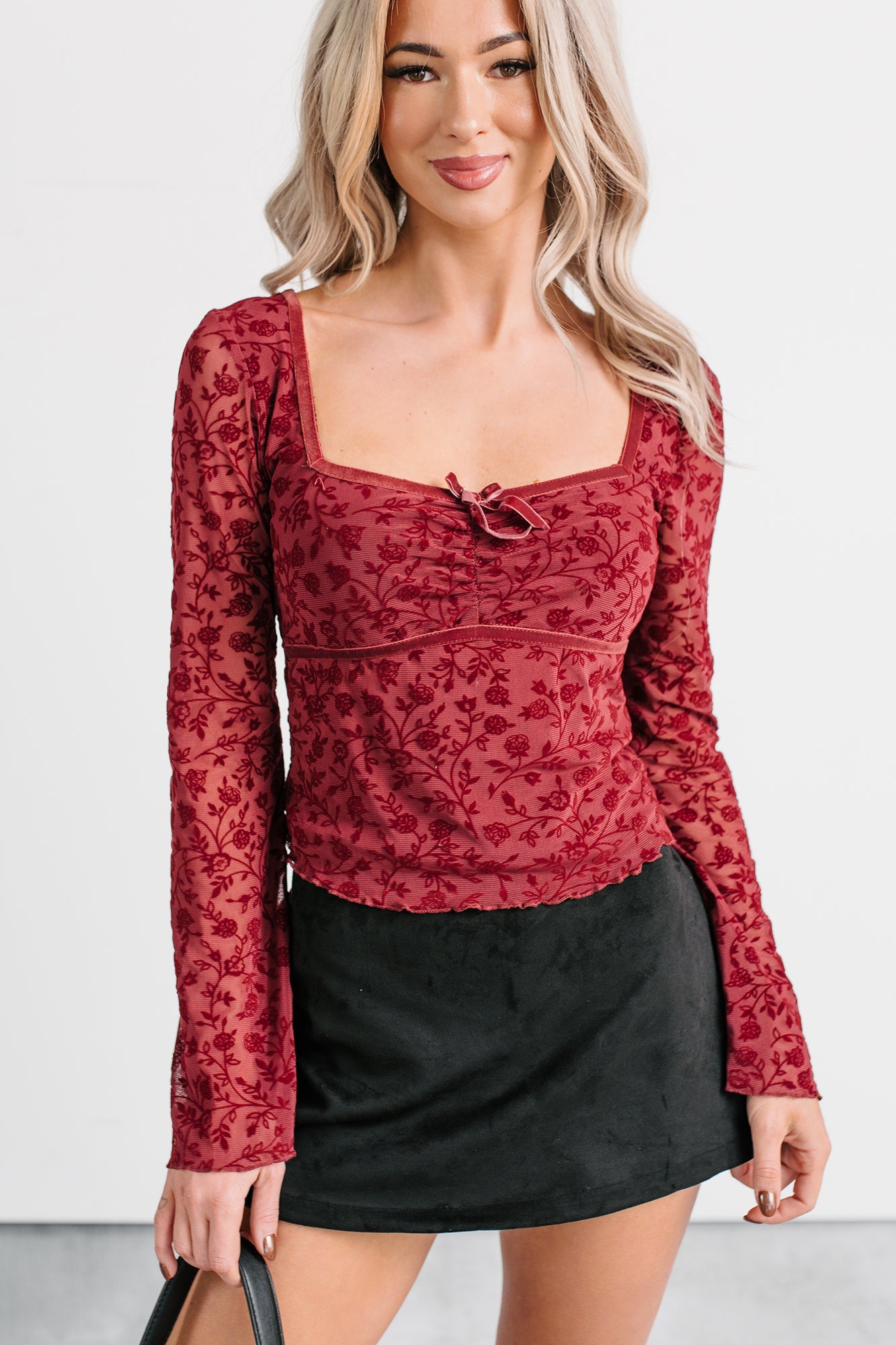 Heart's Calling Long Sleeve Floral Top (Burgundy)