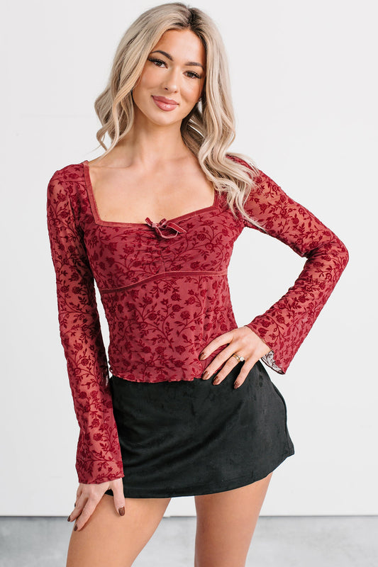 Heart's Calling Long Sleeve Floral Top (Burgundy)