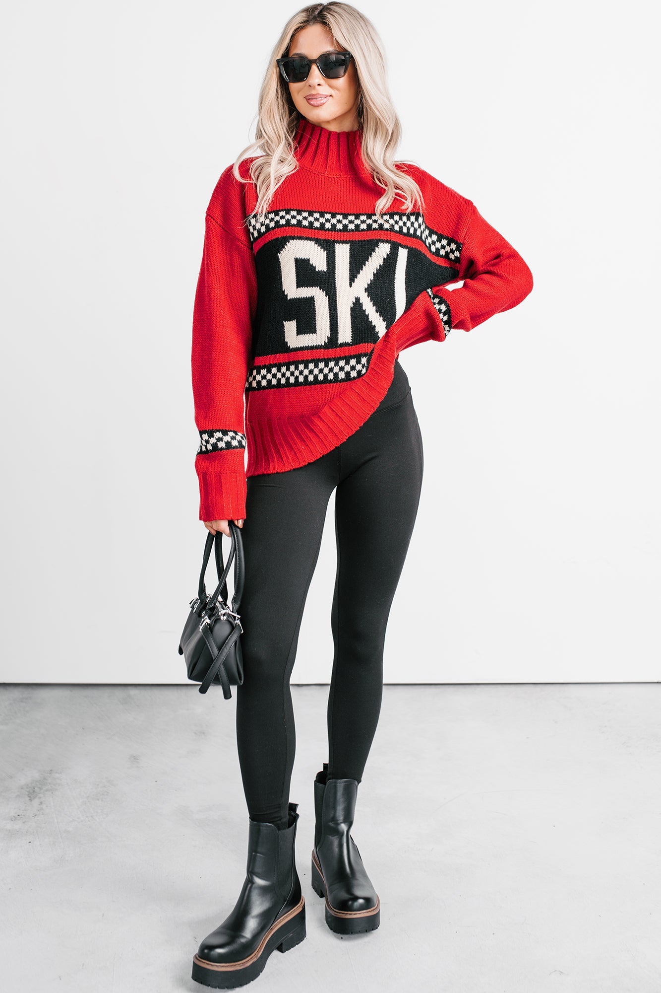 Ski You Later Graphic Mock Neck Sweater (Red)