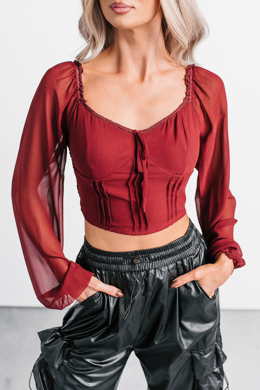 Forever This Way Lace Trim Peasant Blouse (Burgundy)