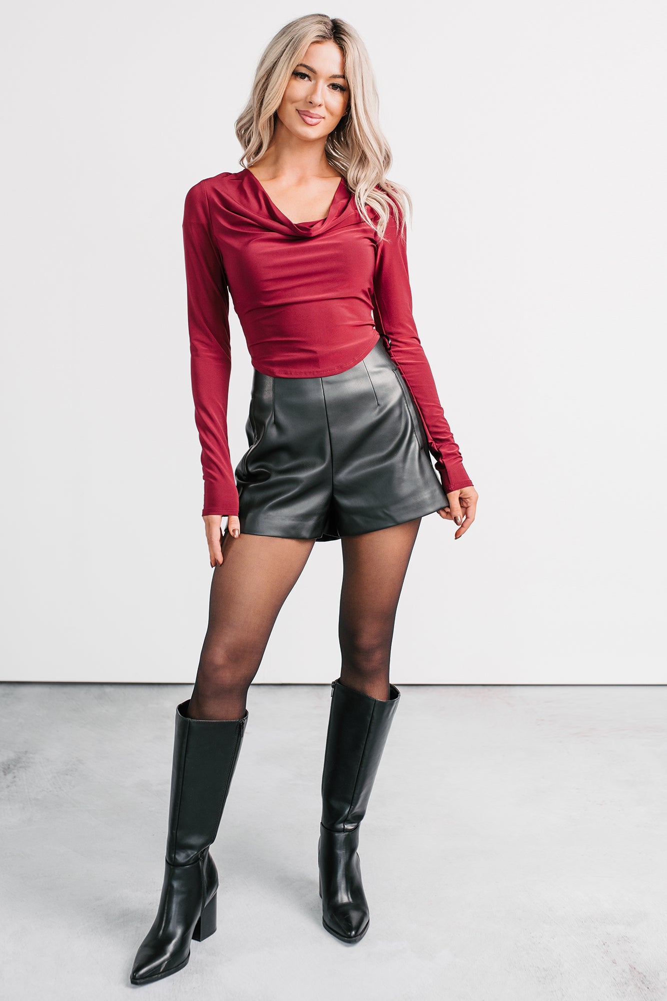 Chasing Time Cowl Neck Long Sleeve Top (Burgundy)