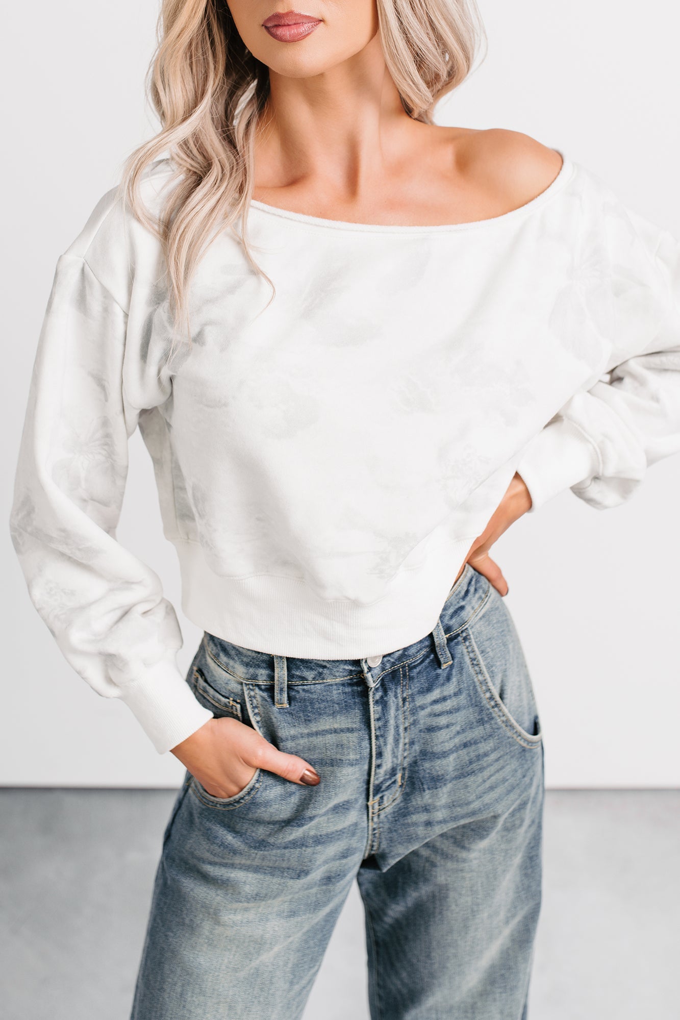 Cozy Nights Abstract Off The Shoulder Sweatshirt (White/Grey)