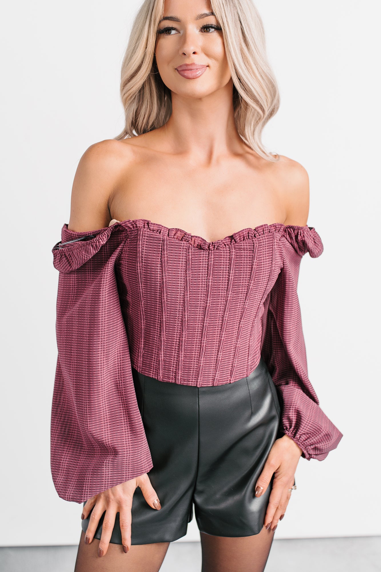 All Of My Love Corset Style Long Sleeve Top (Burgundy)