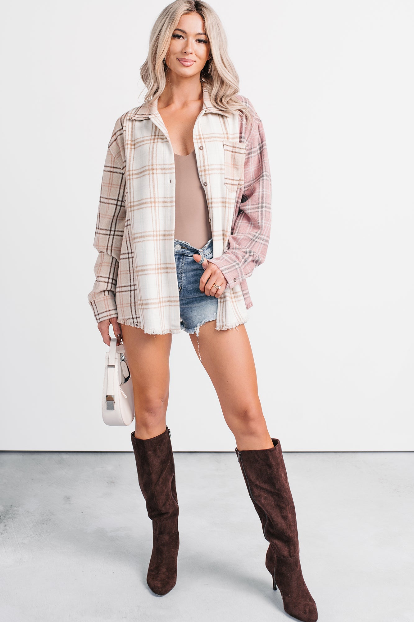 Chill Hour Oversized Mixed Plaid Shacket (Multi/Pink)