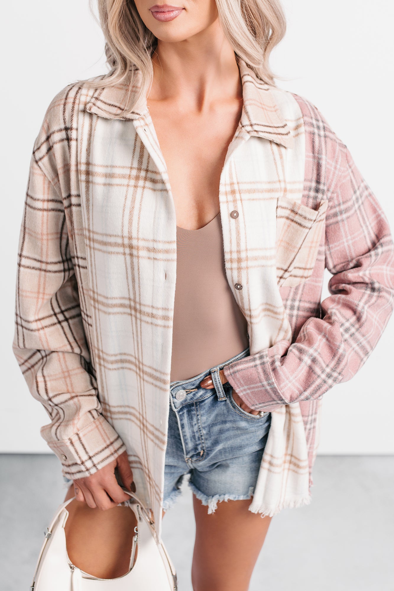 Chill Hour Oversized Mixed Plaid Shacket (Multi/Pink)