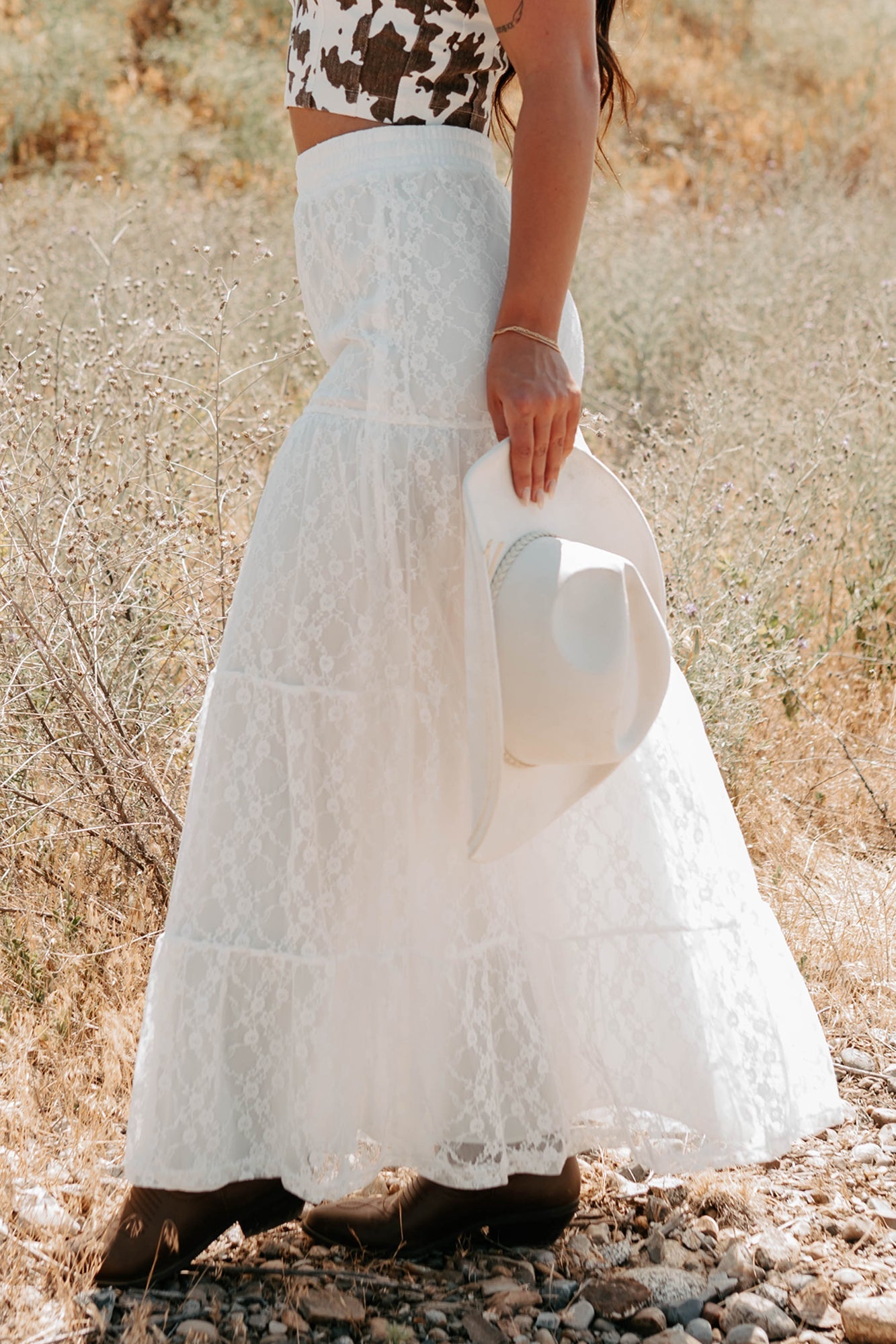 Golden Haze Floral Lace Tiered Maxi Skirt (Off White)